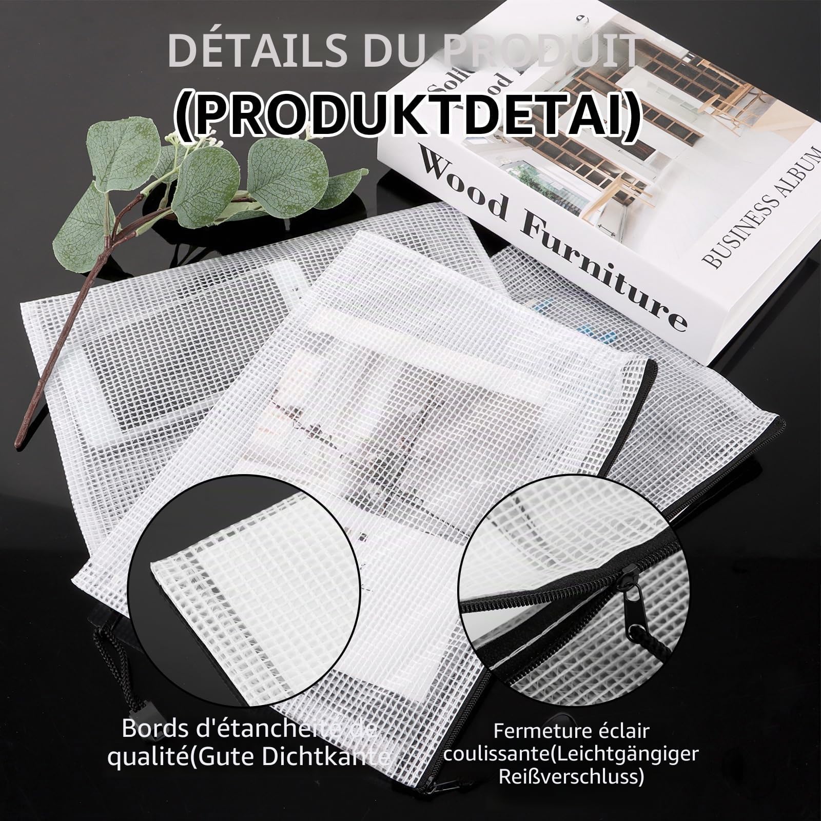 40PCS Pochette Zippée A5 Noire Transparente PVC - Document Zip Mesh Zipper Pouch pour Fichiers, Papier, Documents, Cosmétiques, Devoirs