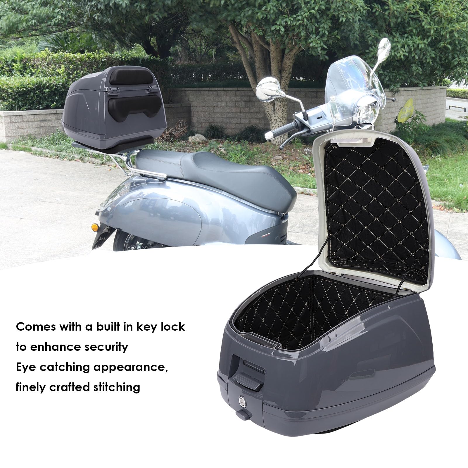 Top Case de Moto, Boîte de Queue de de Moto Universelle avec Serrure, 32L Coffre de Scooter de Transporteur de Stockage Casque Bagages Rigides Boîte Arrière pour Scooters électriques