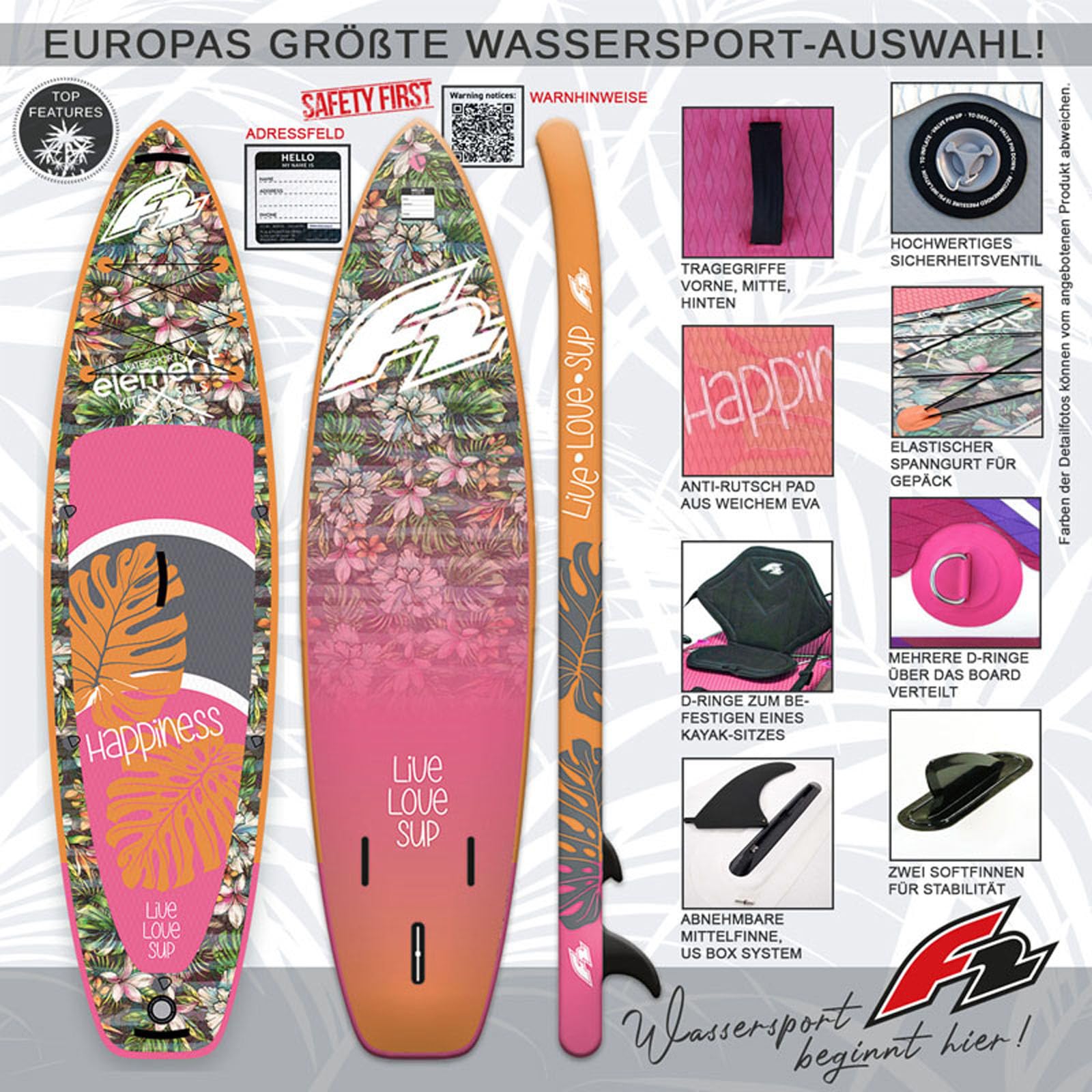 F2 Damen SUP Stand Up Paddle Board Happiness Größe wählbar Multicolor