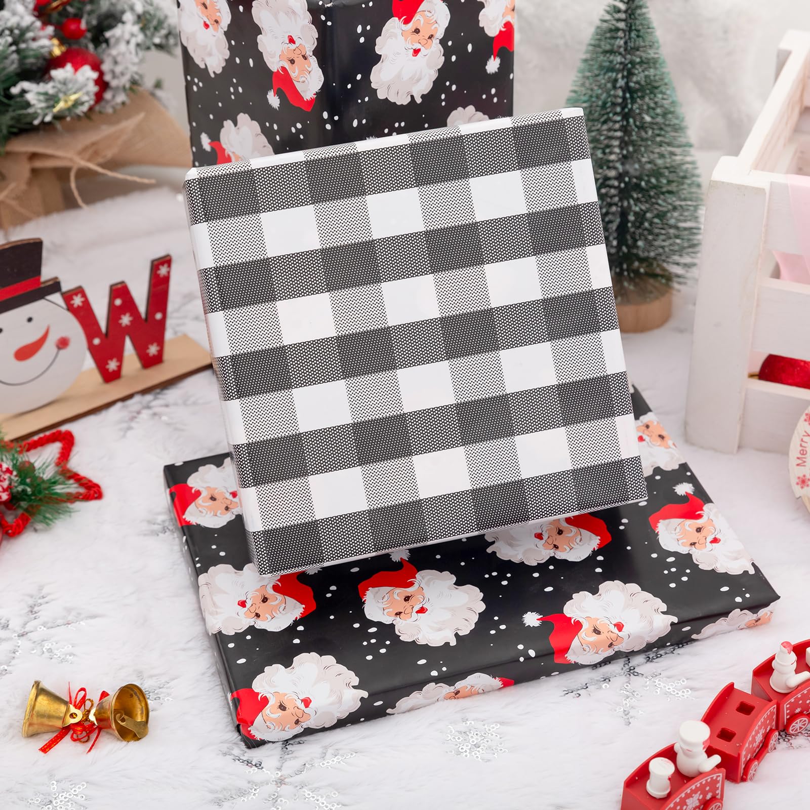 Vnaaem Dwustronny papier do pakowania bożonarodzeniowego - mini rolka - 43 cm x 90 cm - dla dziewcząt chłopców dzieci mężczyzn kobiet - czarny świąteczny wzór w kratę Świętego Mikołaja Bufflao idealny