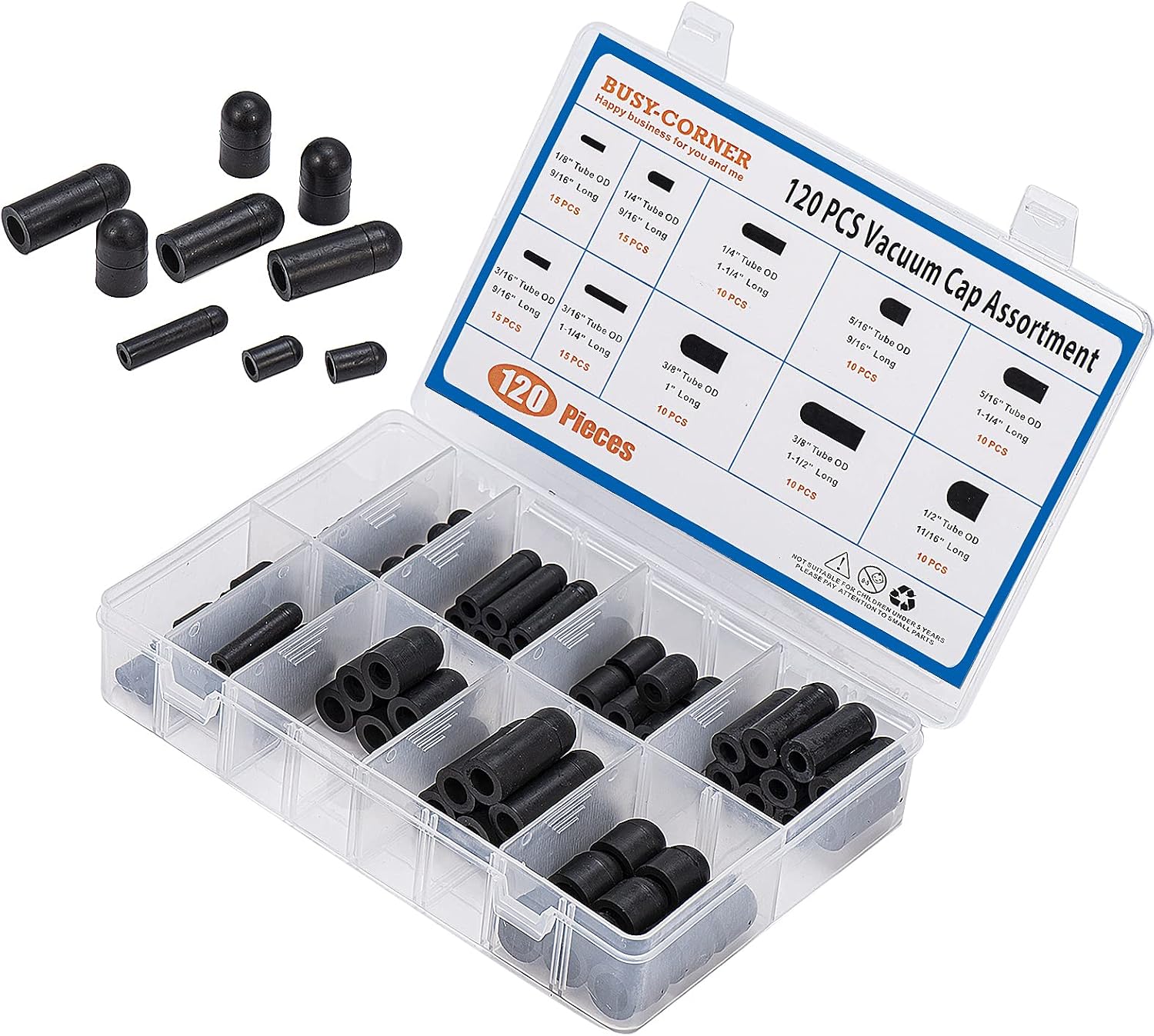 BUSY-CORNER 120 Pieces Rubber Vacuum Cap Assortment 10 Sizes Tube OD from 1/8" to 1/2" Sizes Automotive Carb Line Hose Caps Kit for Carburetor Manifold