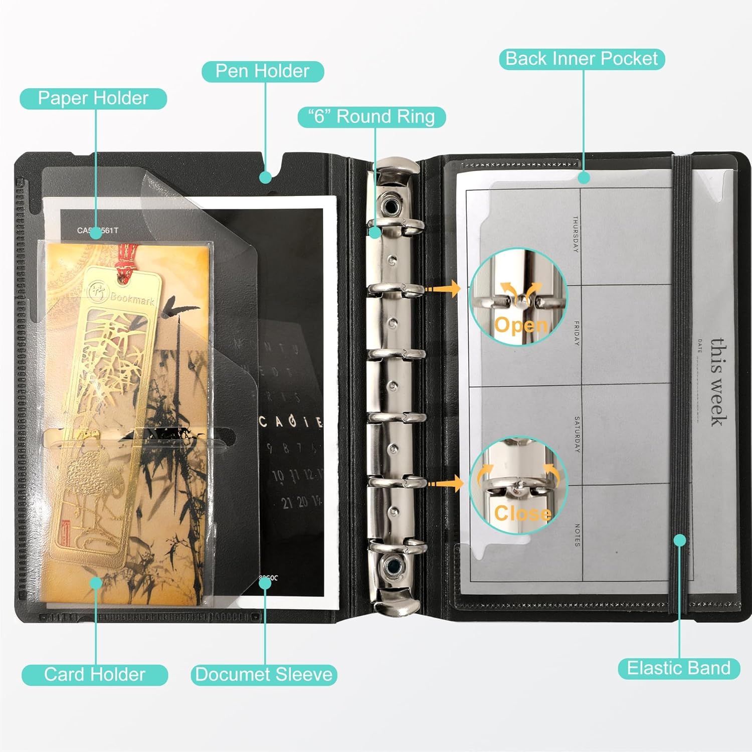 CAGIE A7 Binder 6 Ring Notebook with Dividers Refillable Planner Binder with Pockets, A5 Refill Paper Include Planning Square Ruled and Dotted Pages, 4.13 x 5.71 In, (Grey, A7 Hourly&Dot Page) - Image 5