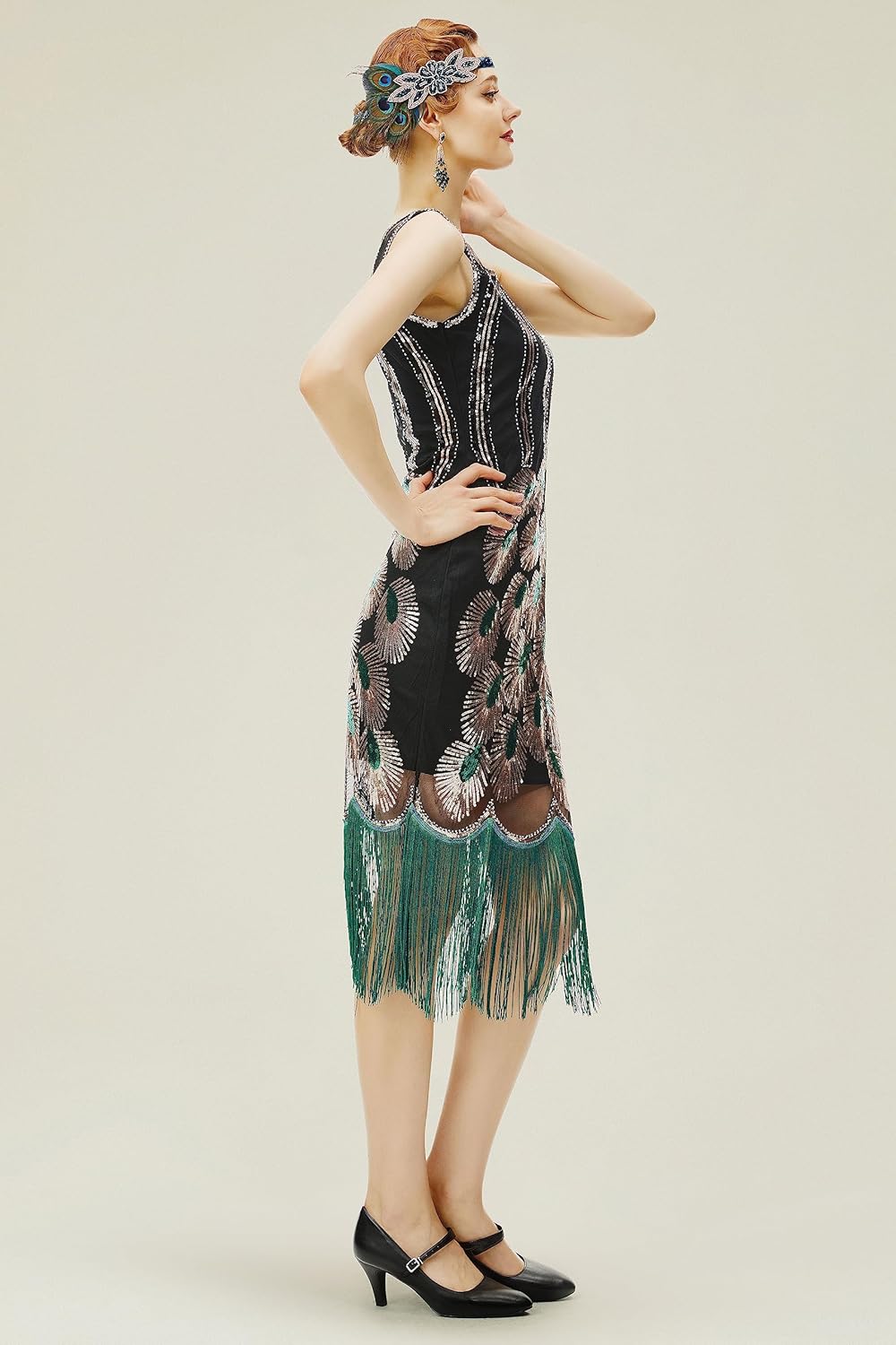 BABEYOND 20's Vintage Peacock Sequin Fringed Party Flapper Dress - Image 3
