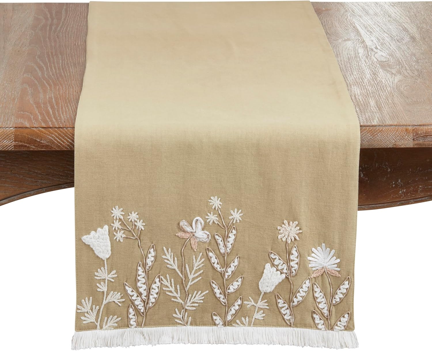 SARO LIFESTYLE Embroidered Meadow Table Runner – Lined Decorative Table Runner with Fringe for Dining & Console Tables, 16"x72"