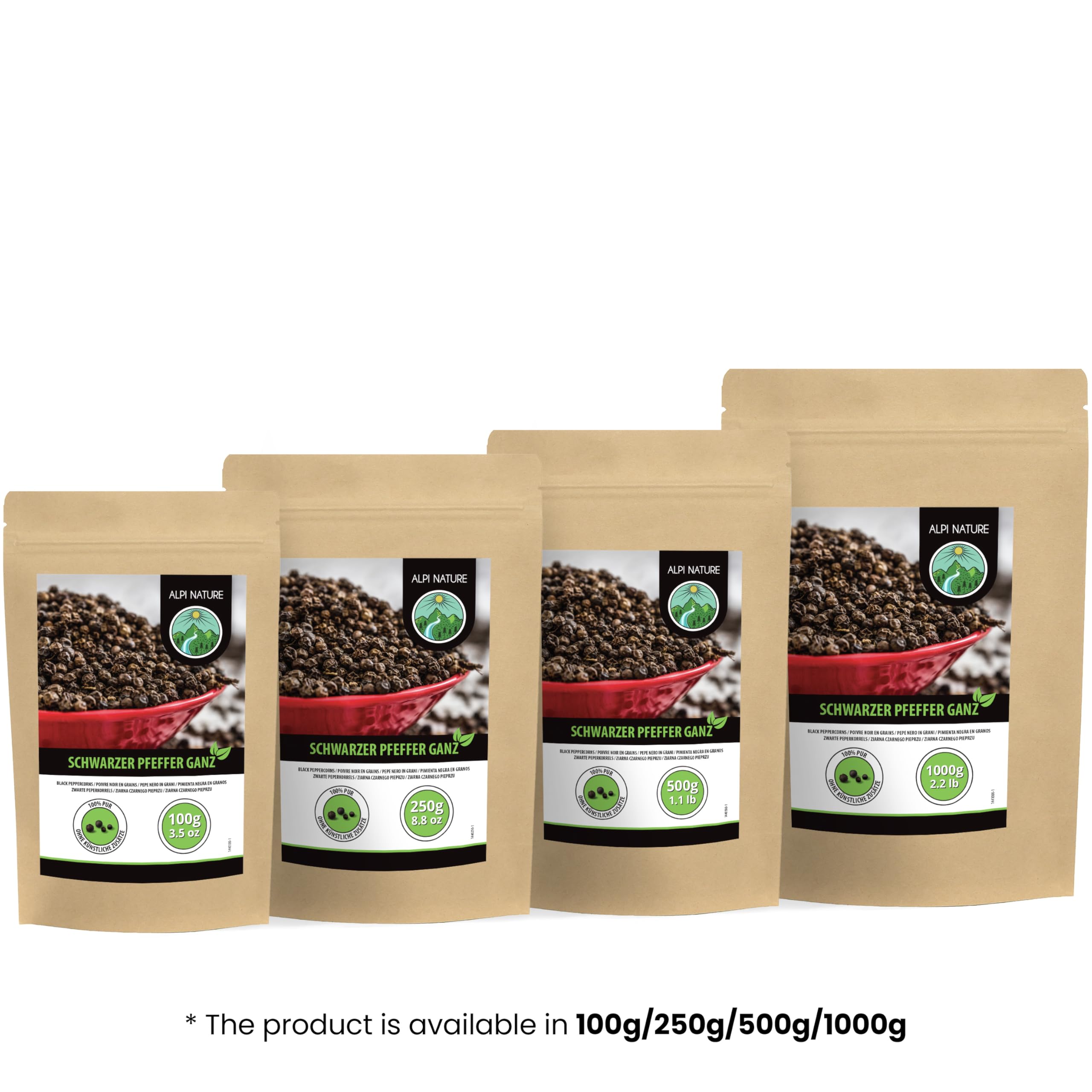 Alpi Nature Pepe Nero 1kg, Grani di Pepe Nero Interi per Cucina e Miscele di Spezie