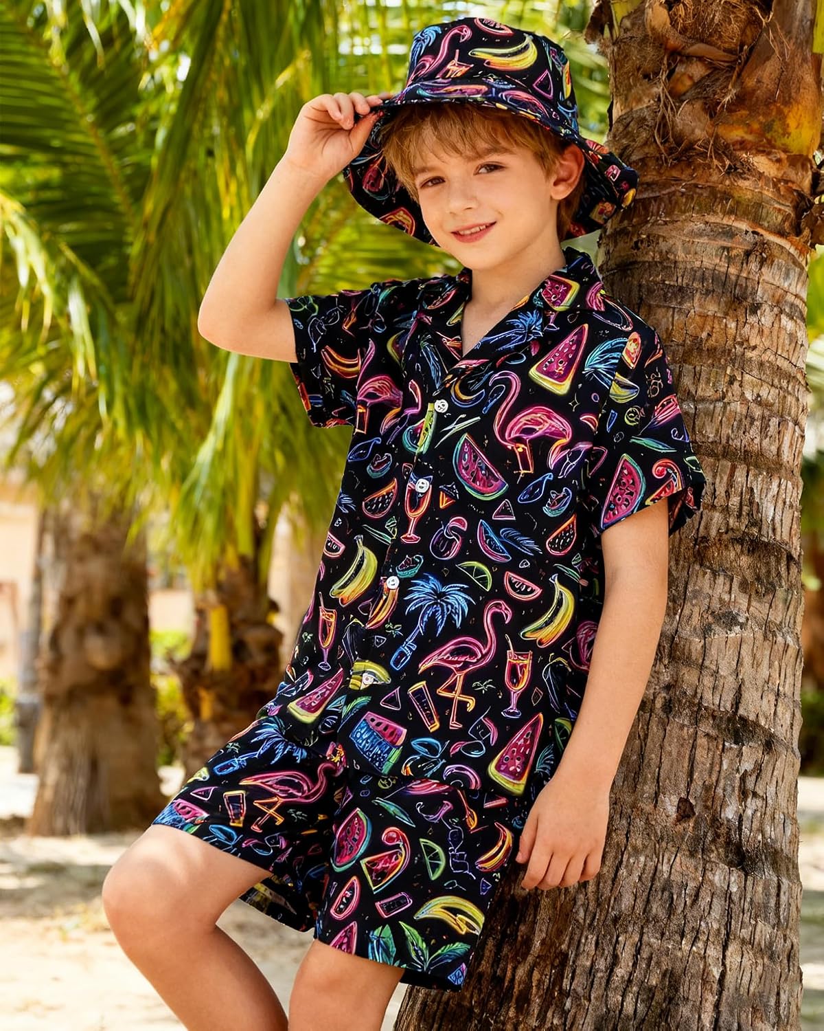 ZOEREA Boys Hawaiian Outfit 3Pcs Kids' Summer Beach Clothes Set Luau Tropical Shirt Top +Shorts + Hat for Children 4-12 Year