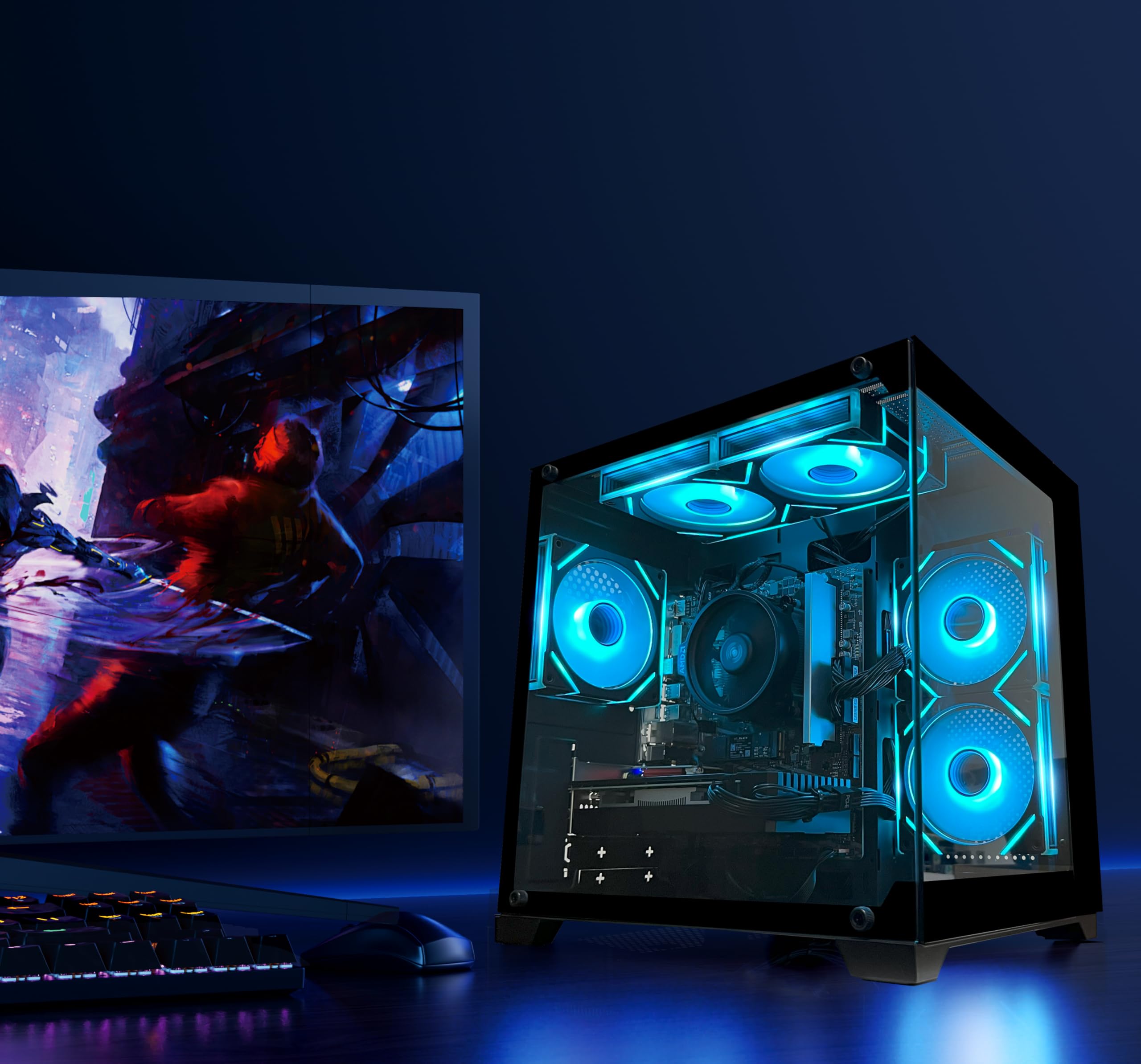 Gaming-PC, Desktop-Computer, AMD Ryzen 5 5500, RX6500XT 4GB Grafikkarte, 16 GB DDR4-RAM, 512 GB NVMe-SSD, ARGB-Lüfter, geeignet für Gaming, Design und Büro, Sea-View-Gehäuse, vorgefertigter Tower