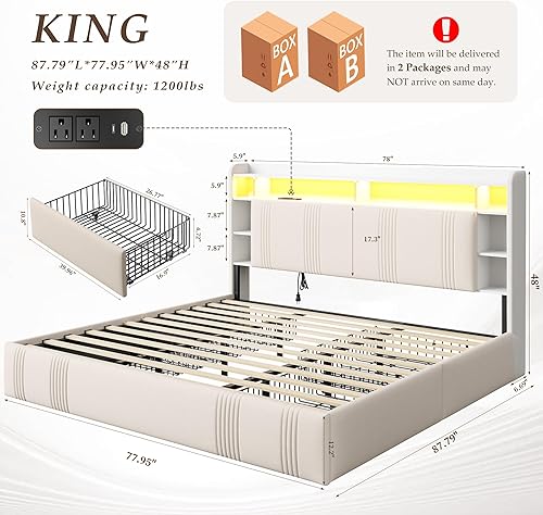 Miniatura 2 de EnHomee Base de cama tamaño King con 4 cajones de almacenamiento, plataforma tapizada con cabecero de almacenamiento de 3 niveles, luces LED y