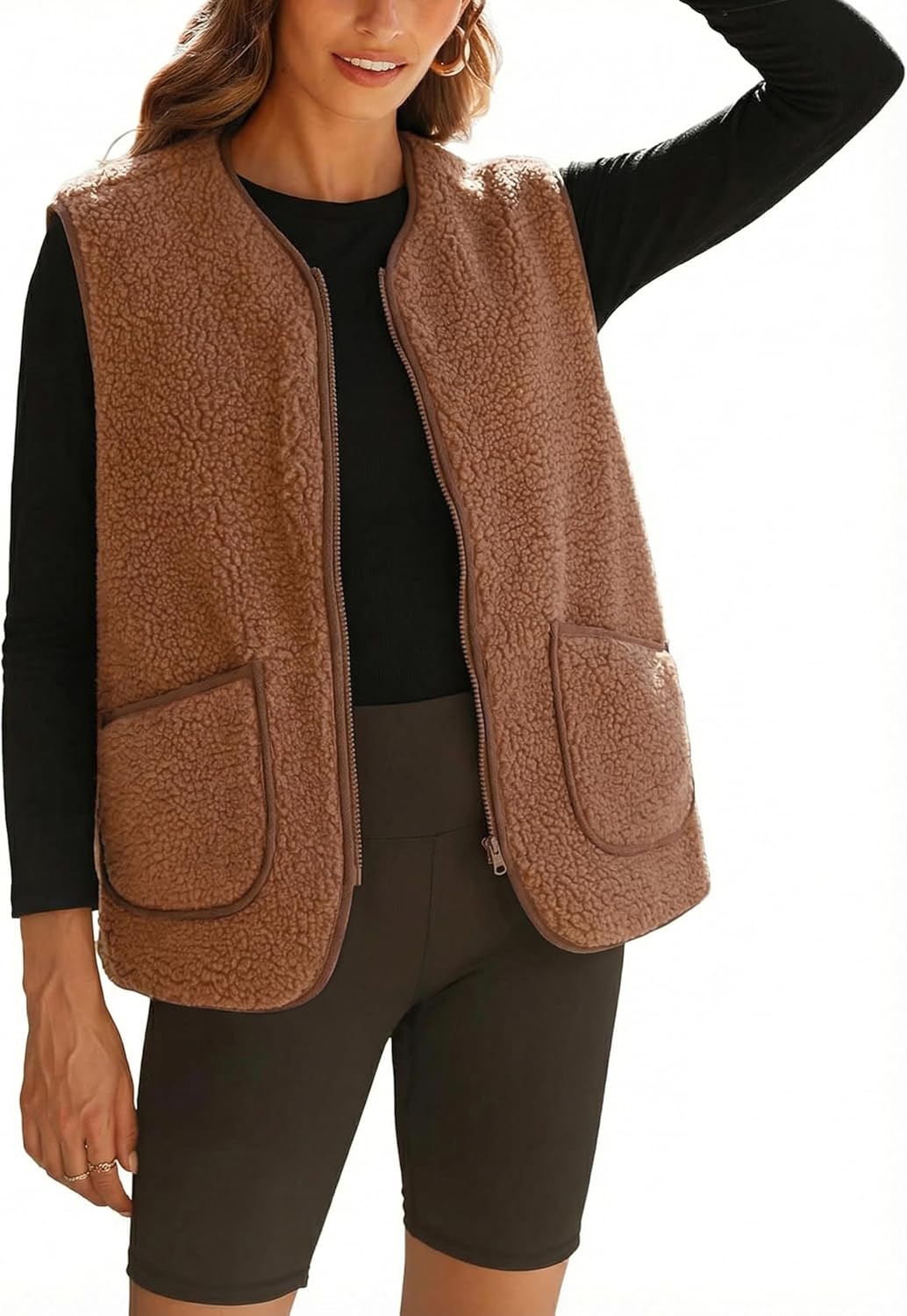 Zhiyouni Women's Fuzzy Fleece Vest Casual Sleeveless Sherpa Jacket Coat Gilet with Pockets