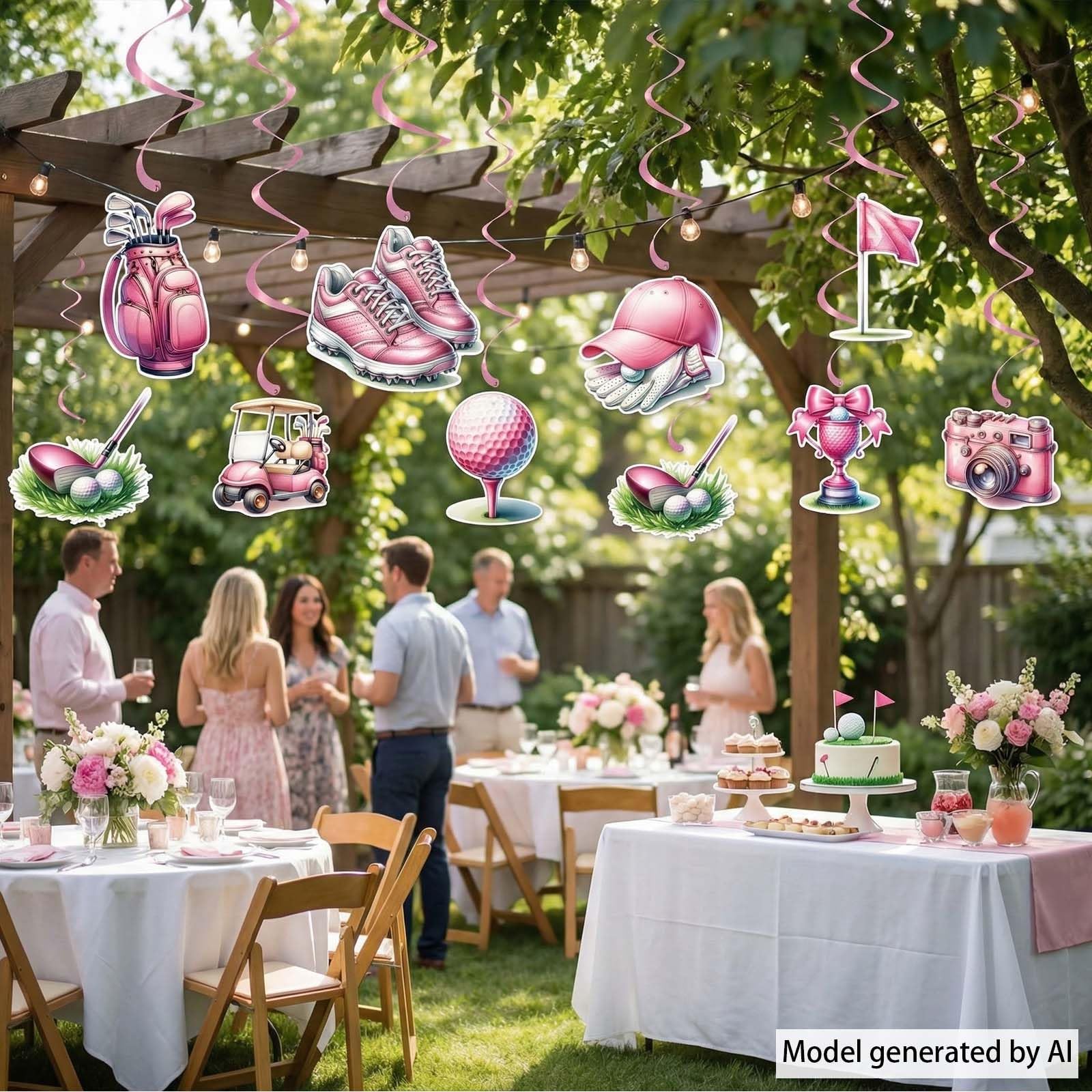 Różowe wiszące dekoracje golfowe, motyw golfa, zawijasy sufitowe dla kobiet i dziewcząt, urodziny, baby shower, wieczór panieński i artykuły na wieczór panieński, 9 szt