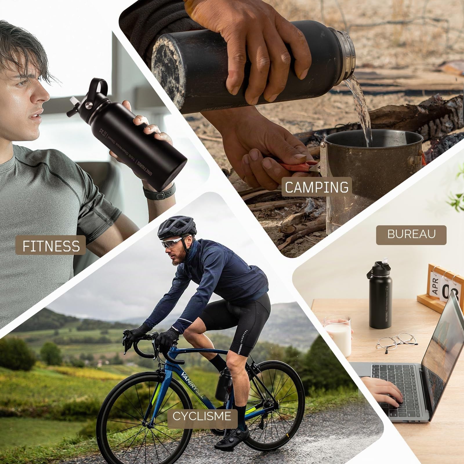 OneTigris Gourde Sport, 0.9l Gourde en Acier Inoxydable avec un Bon Effet d'Isolation, Idéal pour Vélo, Camping, Yoga, Gym, Airsoft,32oz（Camouflage Noir