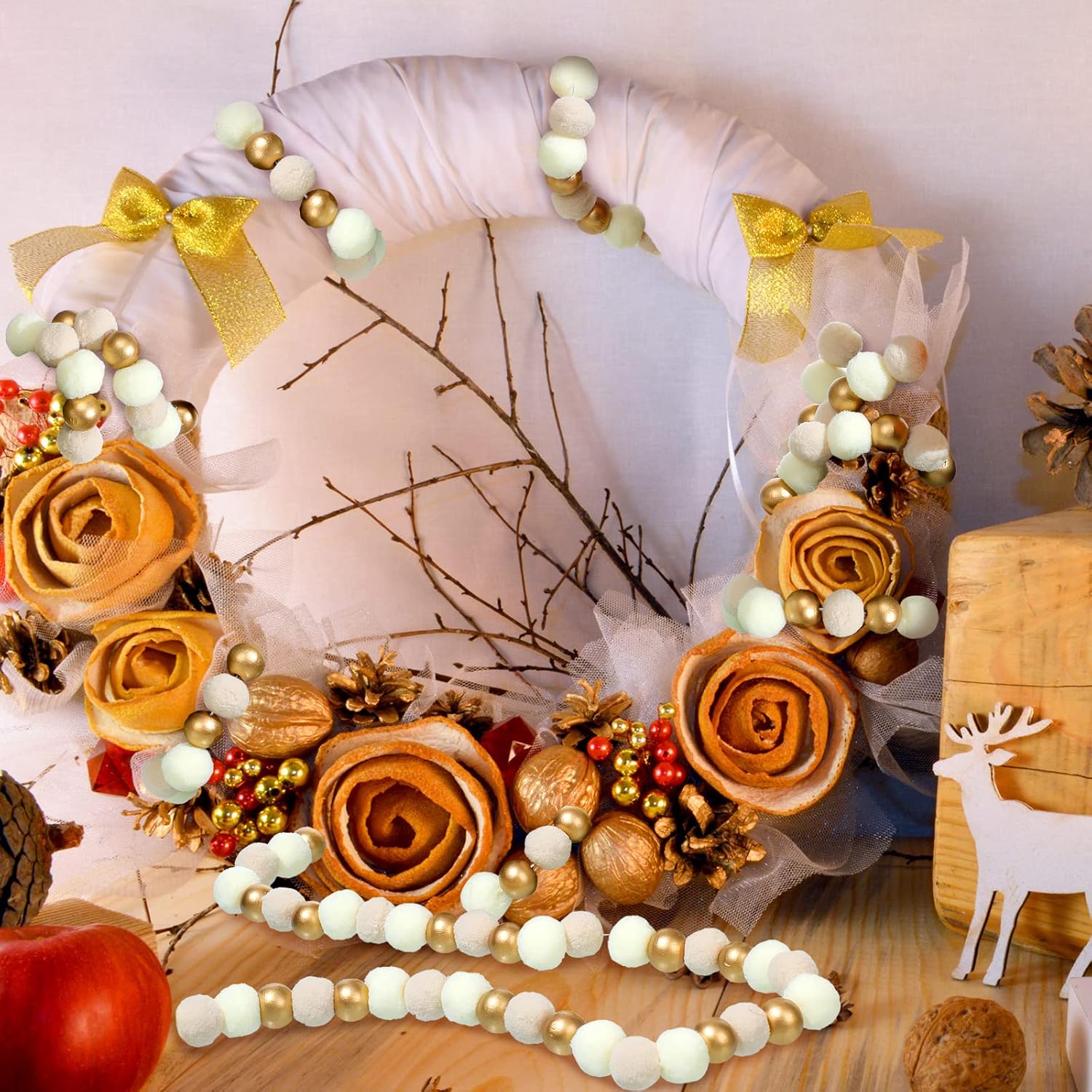 Oudain 2 Pcs Christmas Garland Pom Pom Garland Neutral Wool and Wood Felt Ball Vintage Christmas Tree Decor for Xmas Holiday Party Banner Decoration Wall Craft Ornaments Supplies, Ivory, Cream, Gold