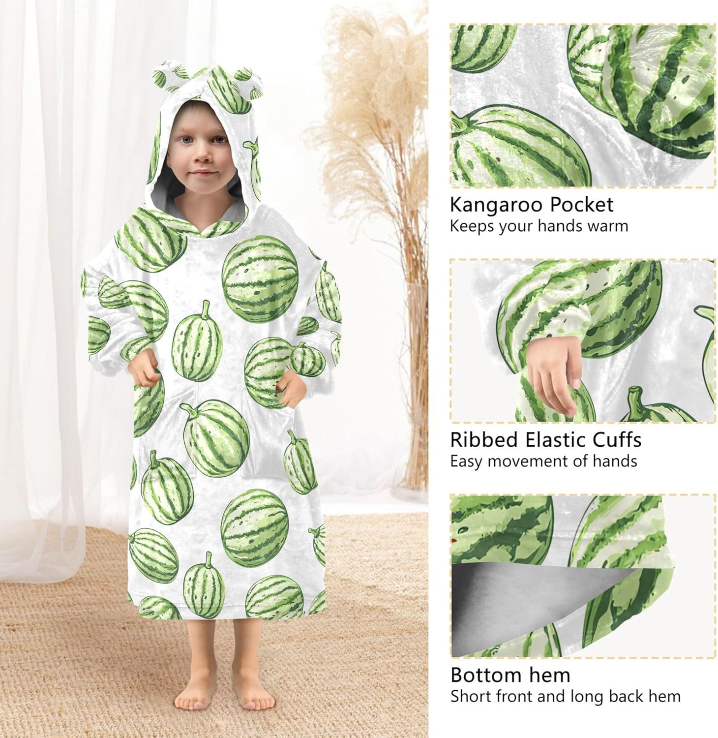 Watermelon Fruit Kids Wearable Blanket Hoodie with Pocket and Sleeves for Toddlers, Cute Hoodies 3-14 Year Girls Boys