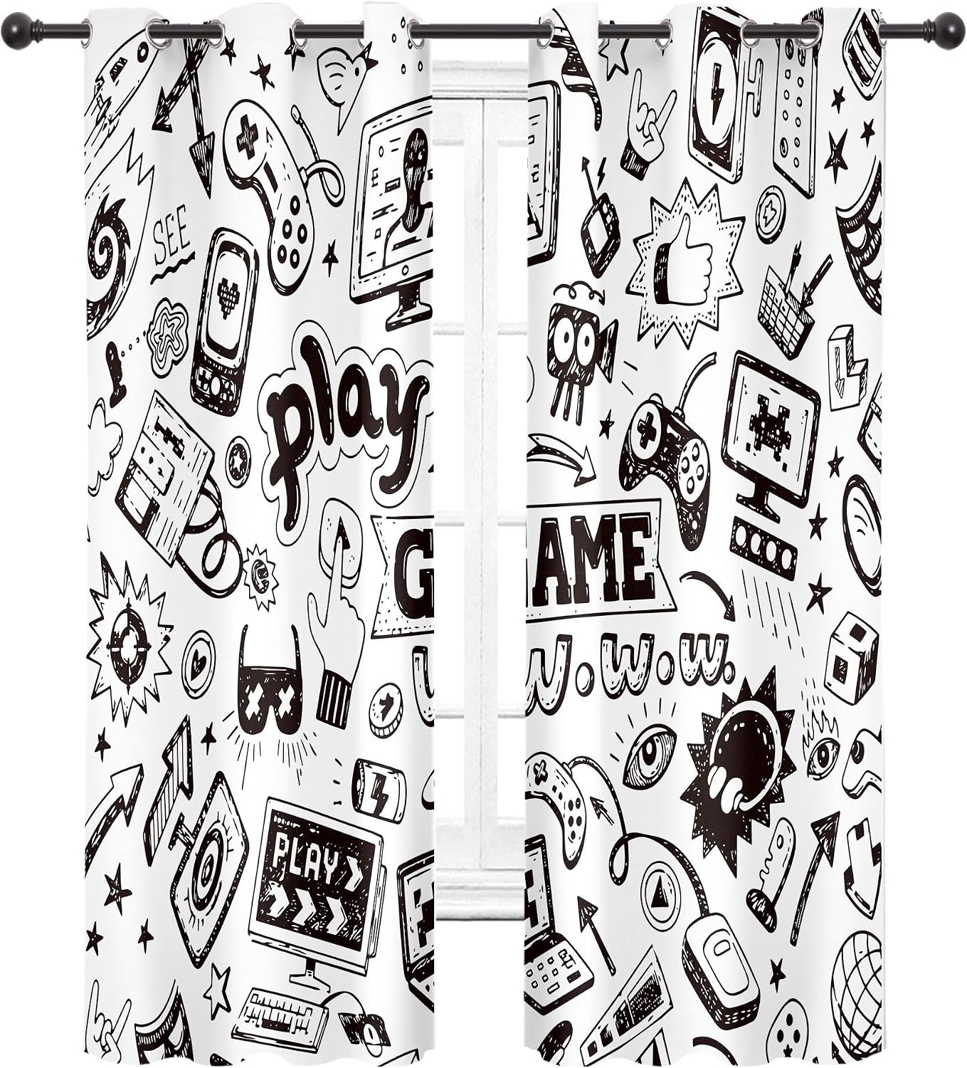 Kids Video Games Blackout Curtains 29W x 63L Inch Black White Gaming Curtains Teen Boys Bedroom Decor Gamer Theme 90's Cool Art Printed Living Room Playroom Window Drapes 2 Panels