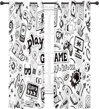 Kids Video Games Blackout Curtains 29W x 63L Inch Black White Gaming Curtains Teen Boys Bedroom Decor Gamer Theme 90s Cool Art Printed Living Room Playroom Window Drapes 2 Panels