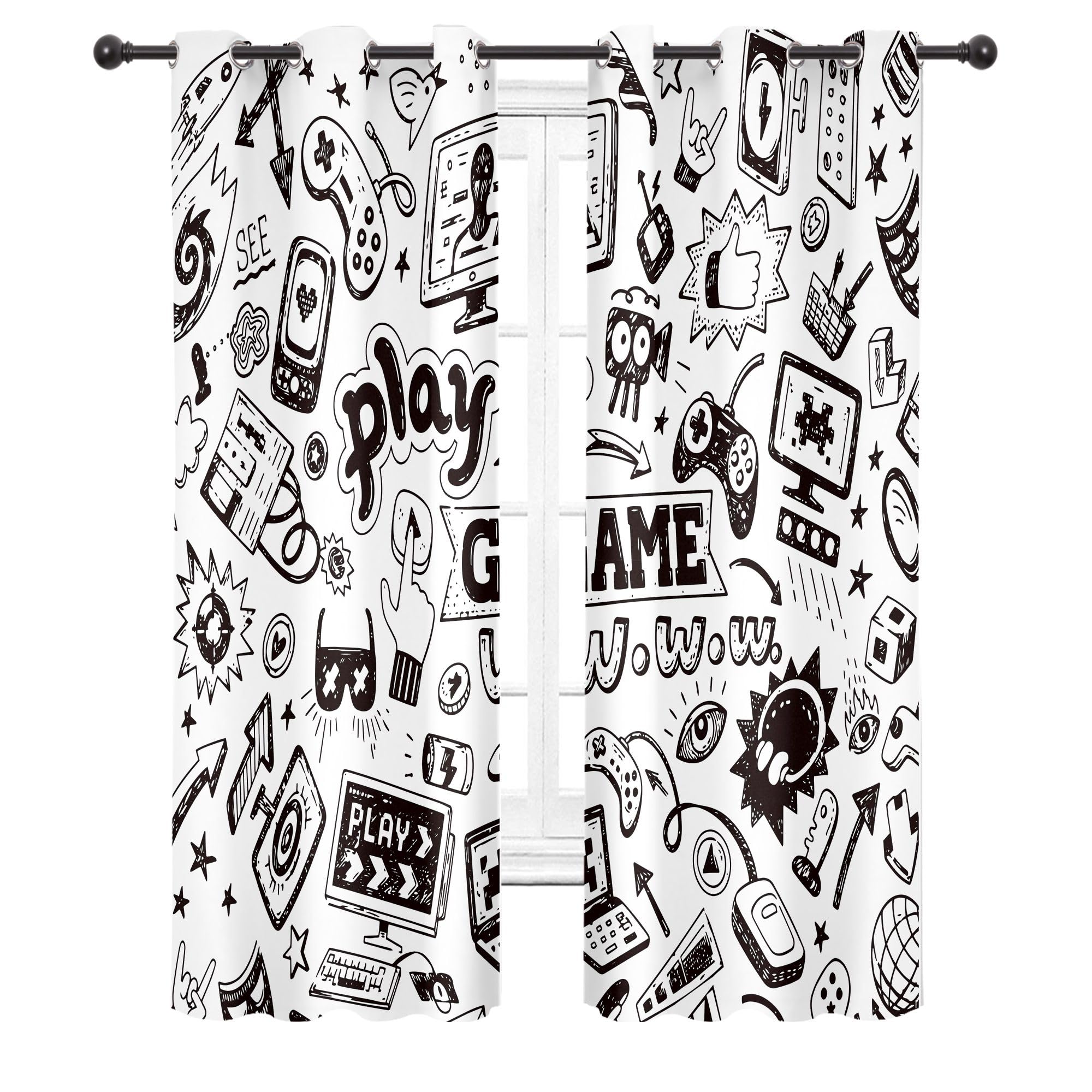 Lot de 2 Rideaux occultants à Motif Jeux vidéo pour Enfants, 73 cm de Large x 160 cm de Long, Noir et Blanc, décoration de Chambre à Coucher, pour Salon, Salle de Jeux vidéo