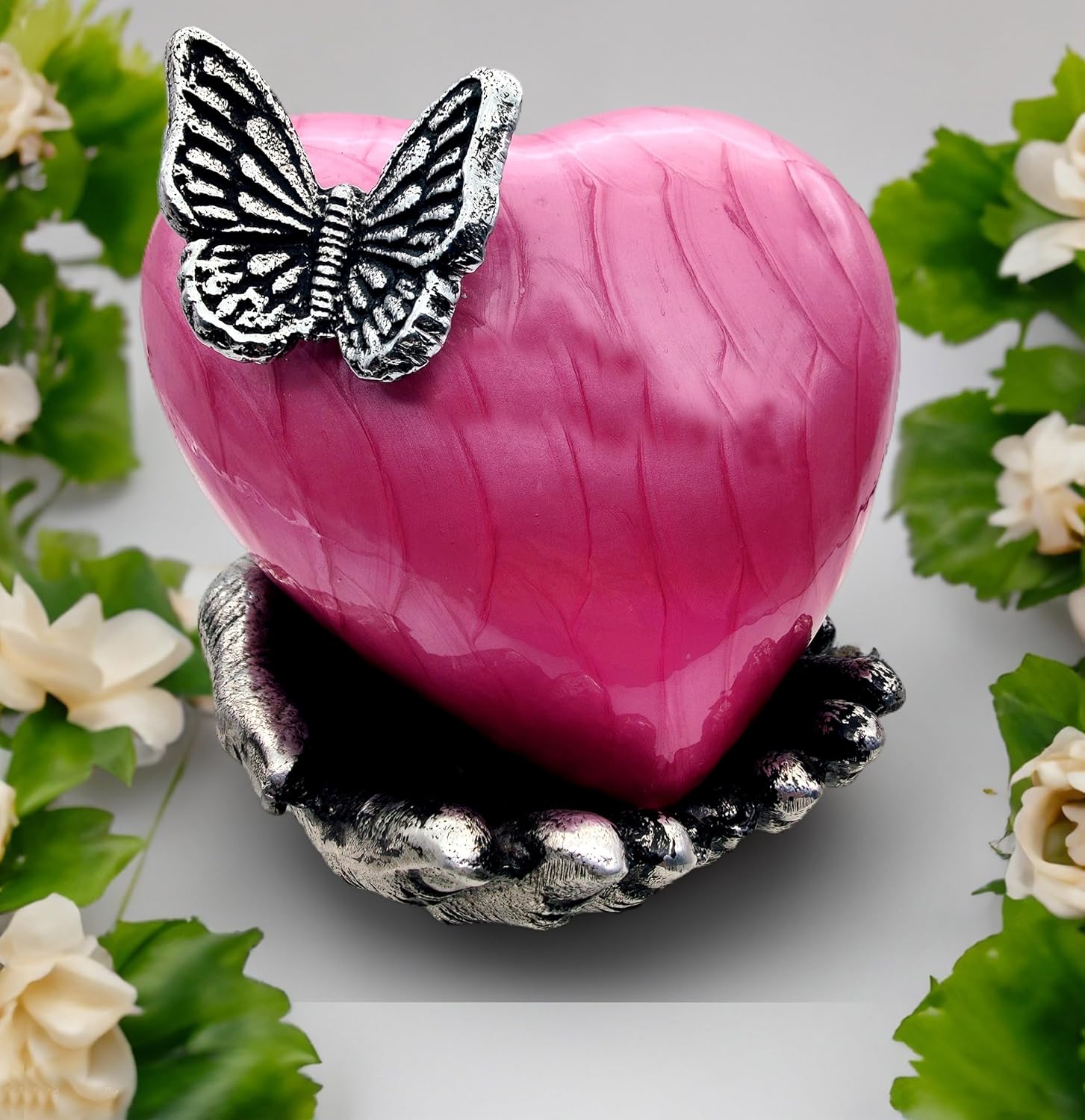 Pink Butterfly Heart Cremation Urn for Ashes with Hand Shape Stand Memorial Humans Keepsake for Women and Men