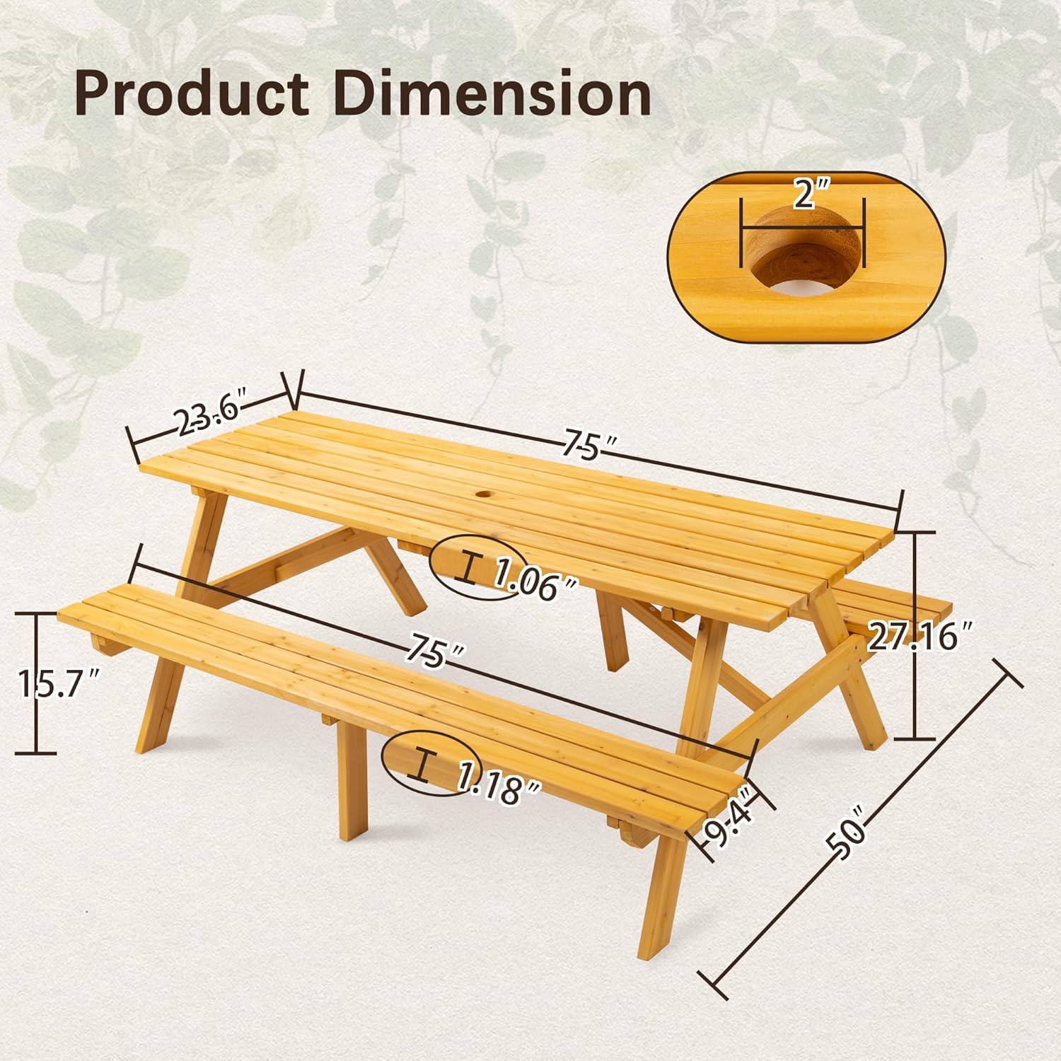 KEIKI 8-Person Wooden Picnic Table, Outdoor Camping Dining Table with 2 Built-in Benches, Patio Table with Umbrella Hole for Backyard, Garden, Camping, 2220lb Capacity, Natural