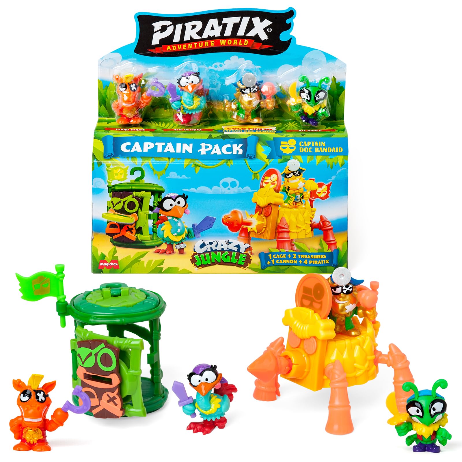 PIRATIX ADVENTURE WORLD Crazy Jungle-Serie, Captain Pack Doc Bandaid – enthält 4 Piratix, 1 Goldener Kapitän, 4 Neonzubehör, 1 Käfig, 1 Kanone, 2 Exklusive Schätze und 2 Neon-Flaggen. Pack 6/6