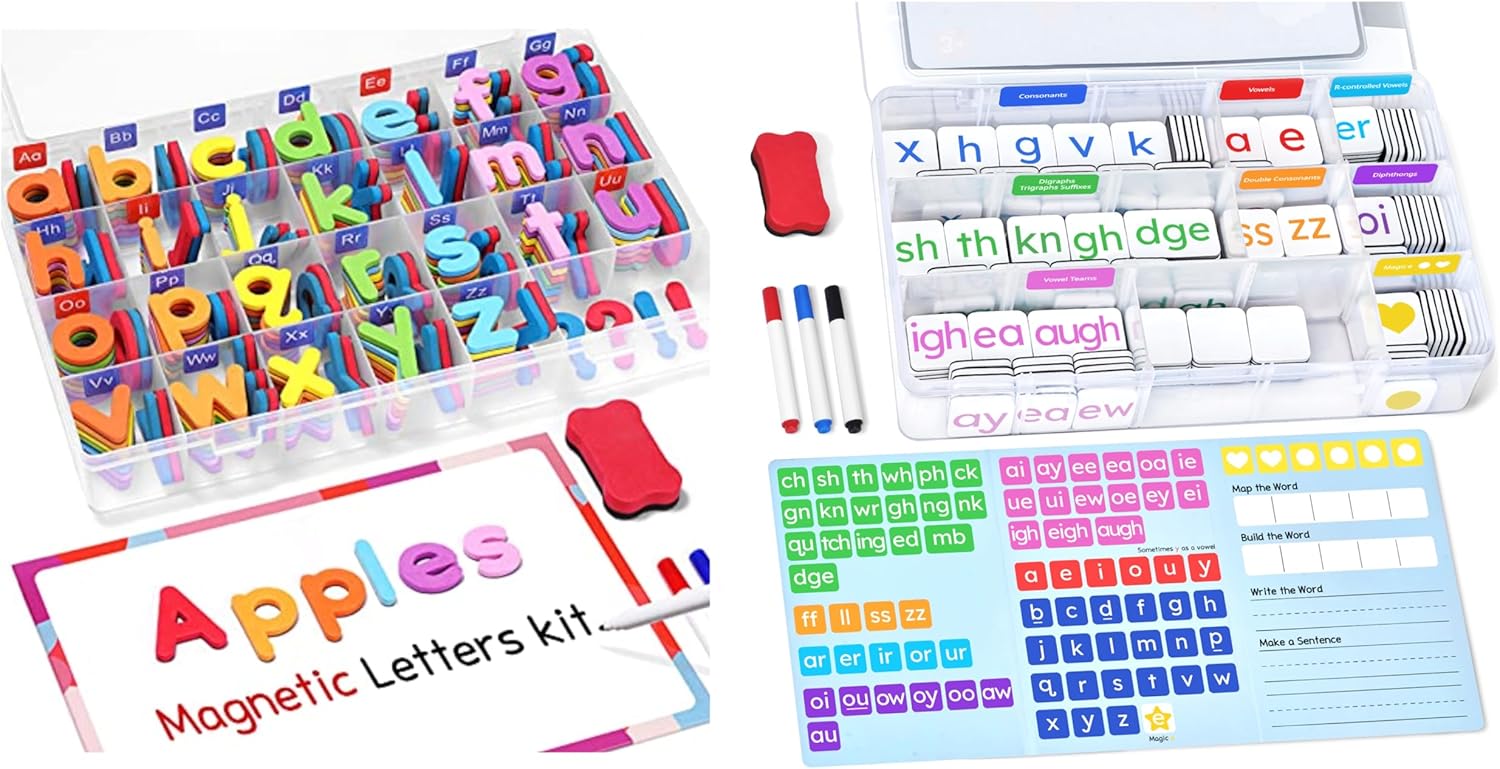 Magnetic Alphabet Letters+Phonics Word Magnetic Letter Tiles-JoyCat 265 Alphabet Tiles, Magnetic Letters Kit with Word-Building Folder and Storage Case, Kindergarten Phonics Awareness, Science of Read
