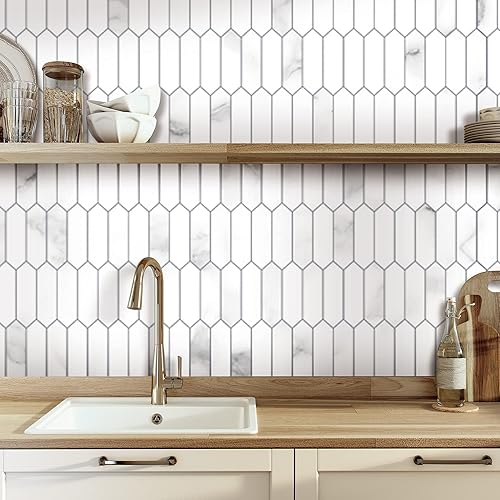 Miniatura 6 de SUNWINGS Azulejo Backsplash para cocina, despegar y pegar, azulejos autoadhesivos compuestos de piedra con patrón de mármol sintético, mosaico