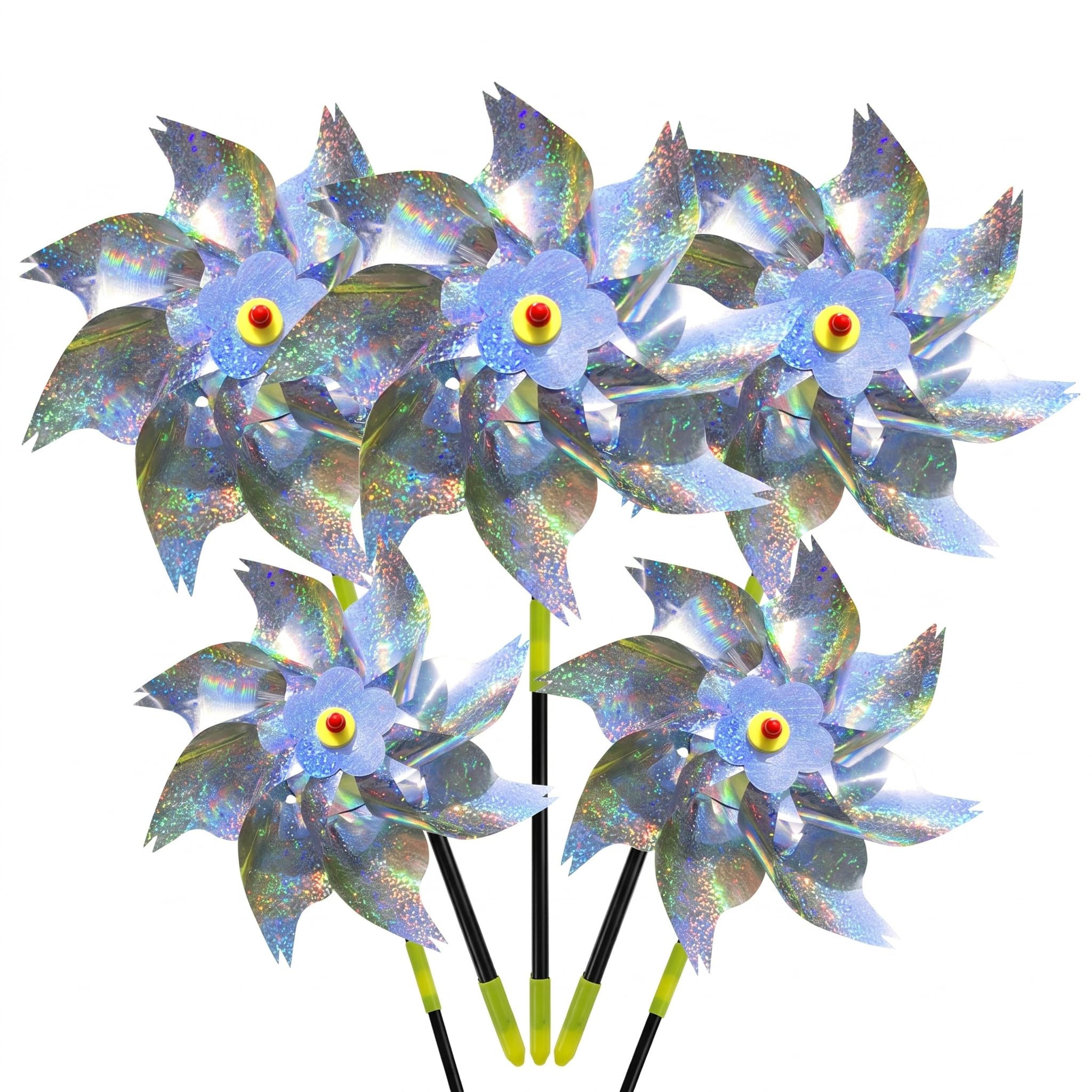 5PCS Reflective Bird Repellent Windmill, 360° Rotating Bird Scarer for Garden, Holographic Pinwheel Deterrent for Pigeons & Pests, Weather-Resistant PET Spinner for Farm, Orchard, Lawn (55x25cm, Silve