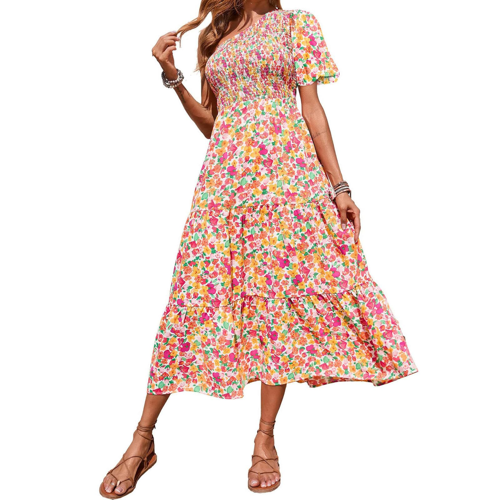 Robe superposée asymétrique AMN23010501 avec motif imprimé printanier