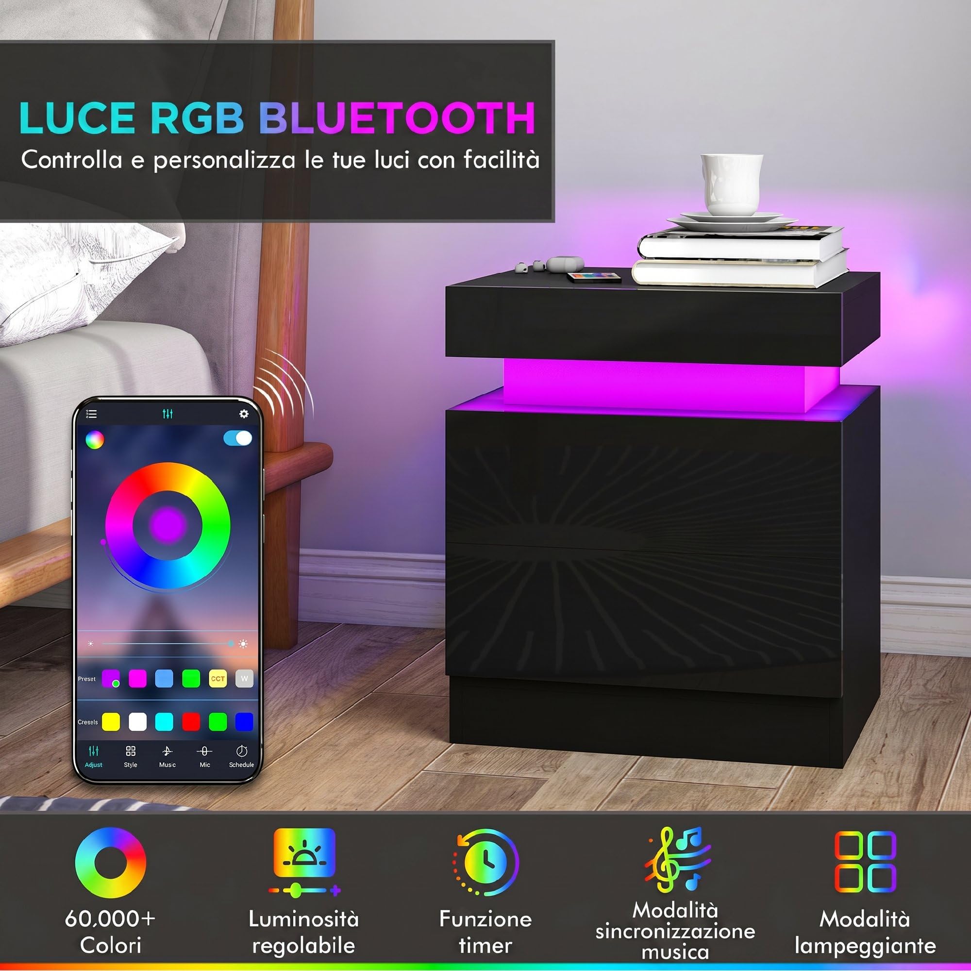 HOMCOM Set di 2 Comodini Camera da Letto con LED 45x35x52 cm Nero Lucido | 16 Colori, 4 Modalità, Coppia di Comodino Salvaspazio, 2 Cassetti, Tavolini per Camera da Letto