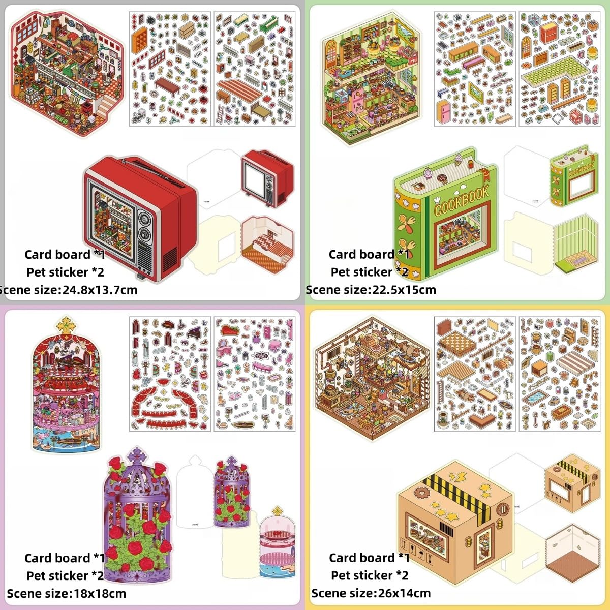 4 Sets 3D Sticker Scene Sticker Therapy 3D Scenes Kits with Tweezer,DIY Scene Stickers for Adults,Isometric Miniature House Room Sets,Stickers for Relaxing Fun - Image 3