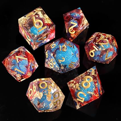 Liquid Core DND Dice Set 7pcs, Resin Sharp Edged Polyhedral Dice for Dungeons and Dragons, Handmade RPG D20 D12 D10 D8 D6 D4 Dice, Gold Foil Themed D&D Dice Role Playing Dice