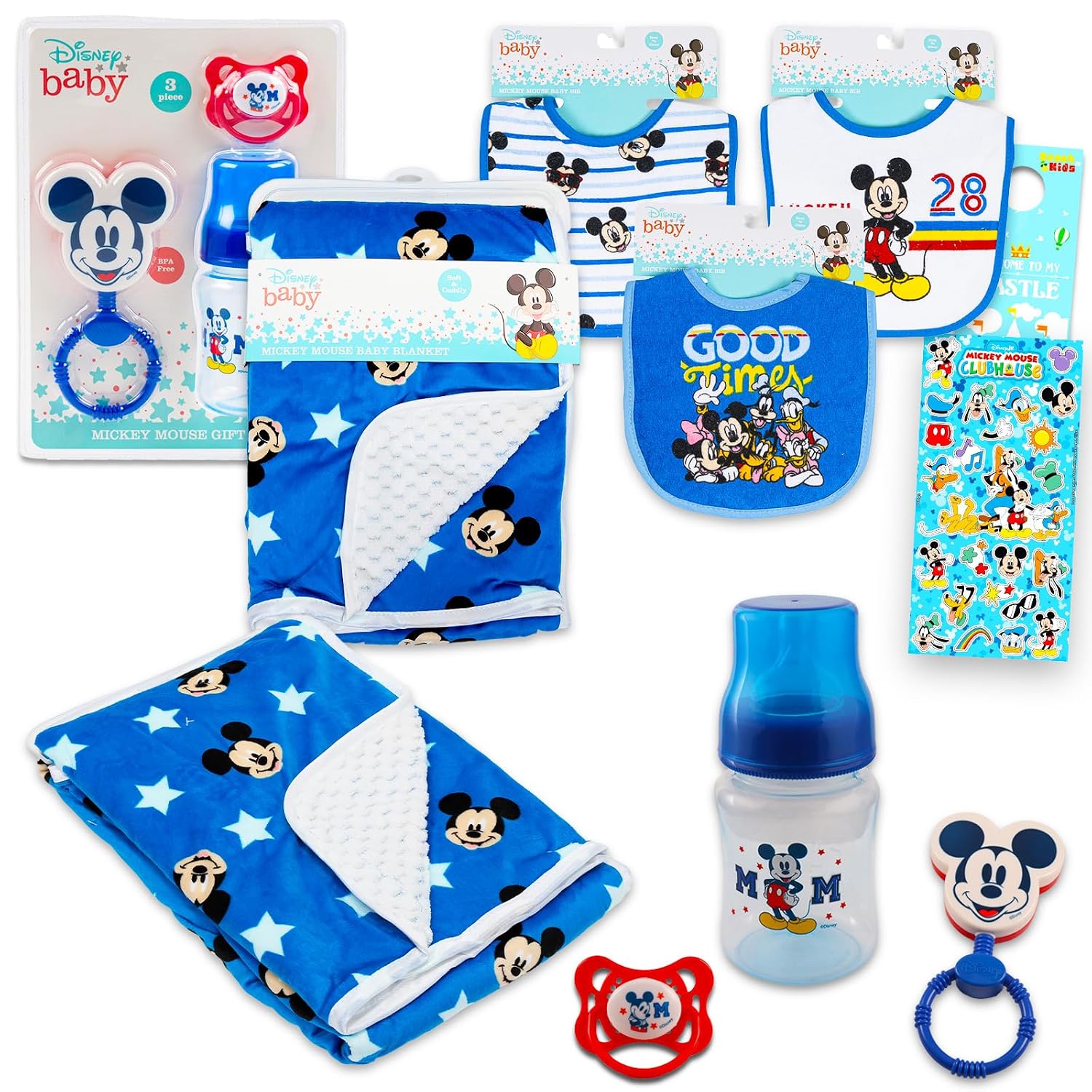Disney Mickey Mouse Baby Gift Set, Baby Shower Gifts Boys Neutral - 12 Pc Newborn Essentials Bundle with Blanket, Bibs, Rattle, Bottle, Pacifier, Scrapbook Stickers, More