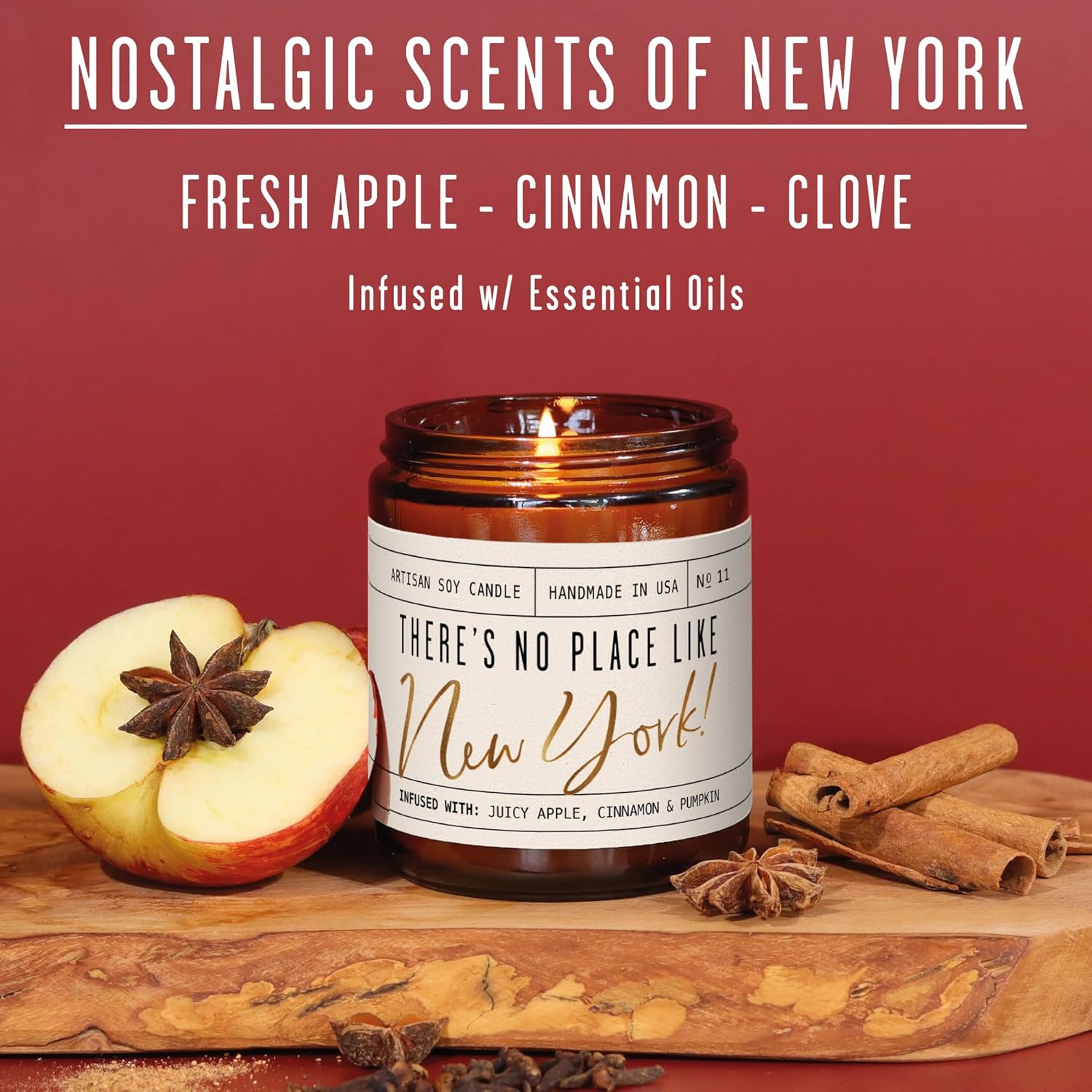 New York Gifts, New York Decor for Home - 'There's No Place Like New York Candle, w/Juicy Apple, Cinnamon & Pumkin I New York Souvenirs I New York State Gifts I 9oz Jar, 50Hr Burn, USA Made