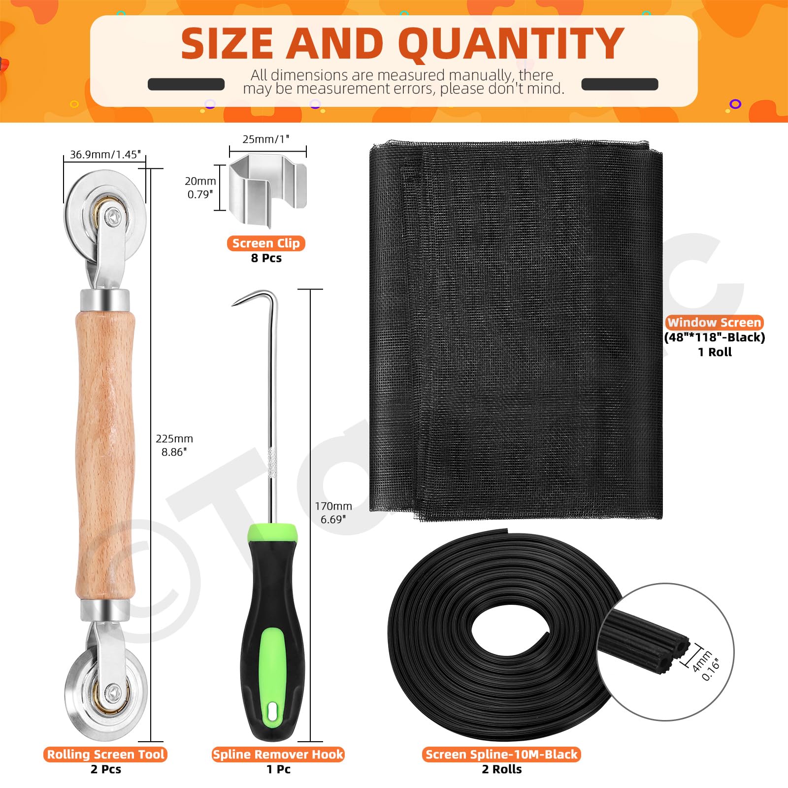 Tanstic 14Pcs Window Screen Mesh and Screen Door Repair Tools Kit, 48''W X 118''L Fiberglass Screen Mesh - Image 2