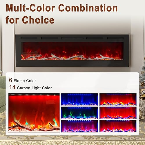 Miniatura 4 de Chimenea eléctrica de 72 pulgadas empotrada y montada en la pared, chimenea lineal LED con control remoto, ultrafina y de bajo ruido, 1500 W,