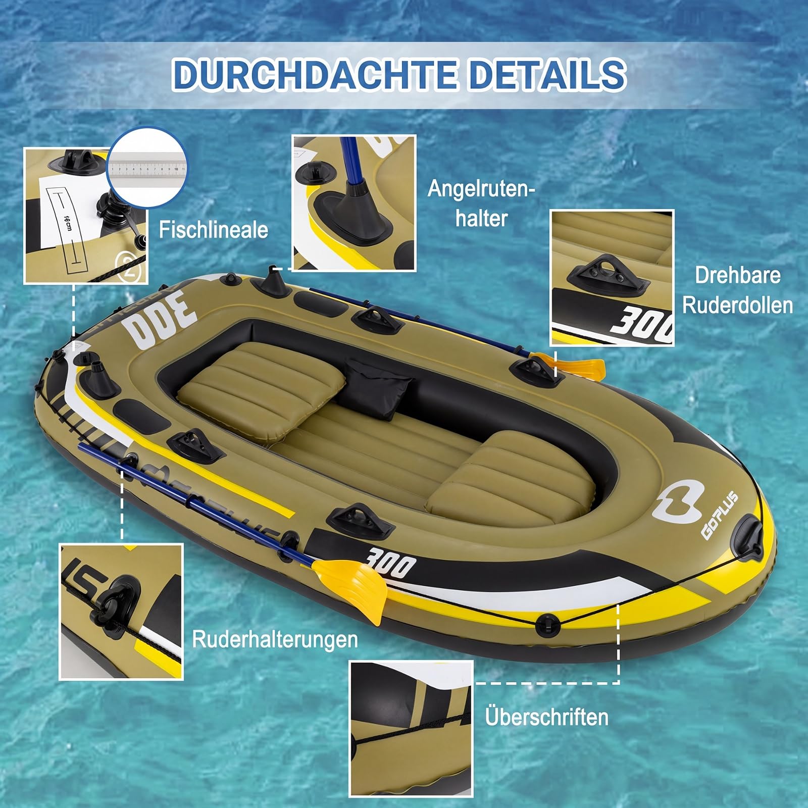 COSTWAY Schlauchboot für 2 Personen, aufblasbares Boot mit 2 Paddeln, Handpumpe, Fischmaßbändern & Angelrutenhaltern, 252 x 125 x 40 cm