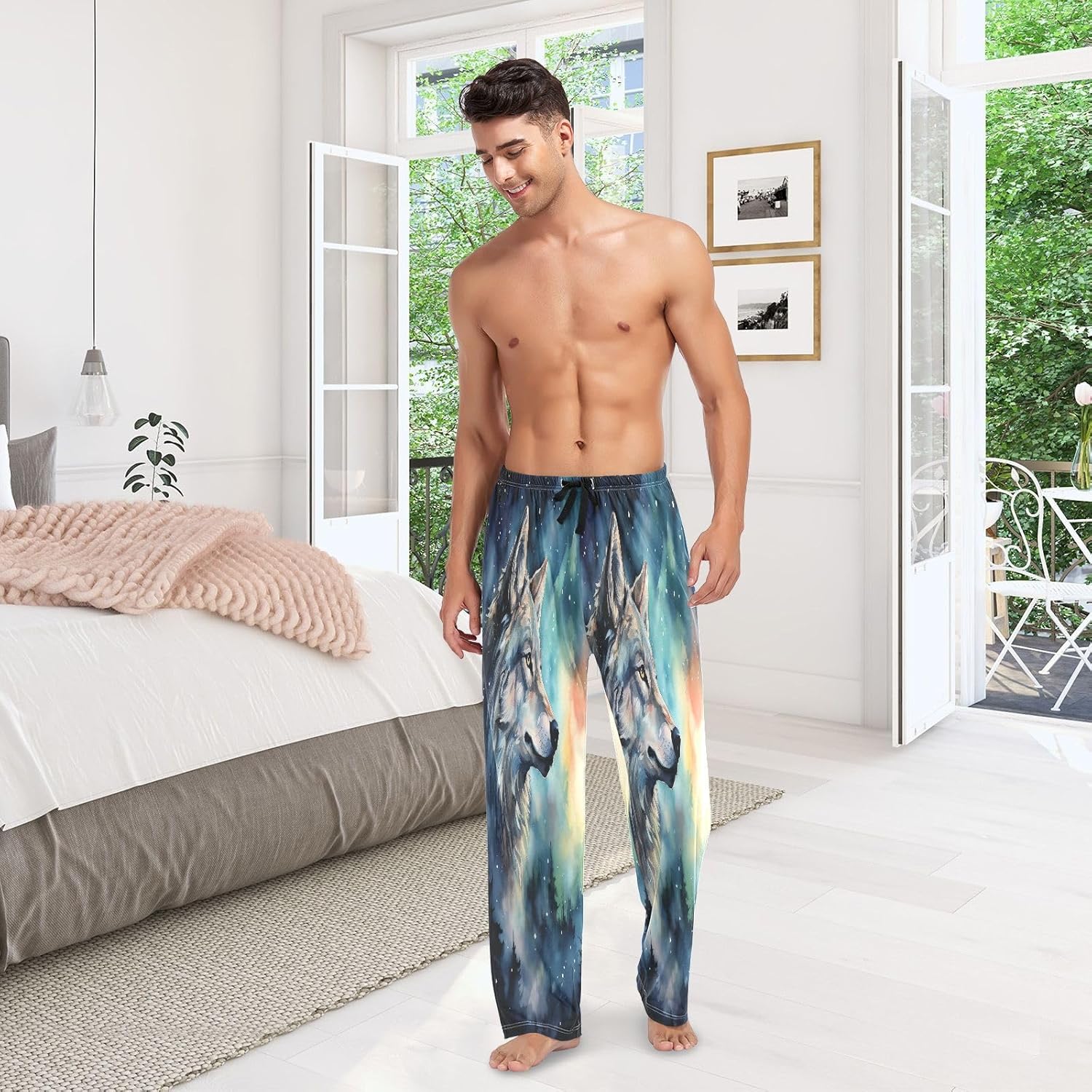 ALAZA Wolf Starry Sky Galaxy Men's Pajama Pants Men Cotton Pajama Bottoms with Pockets, S
