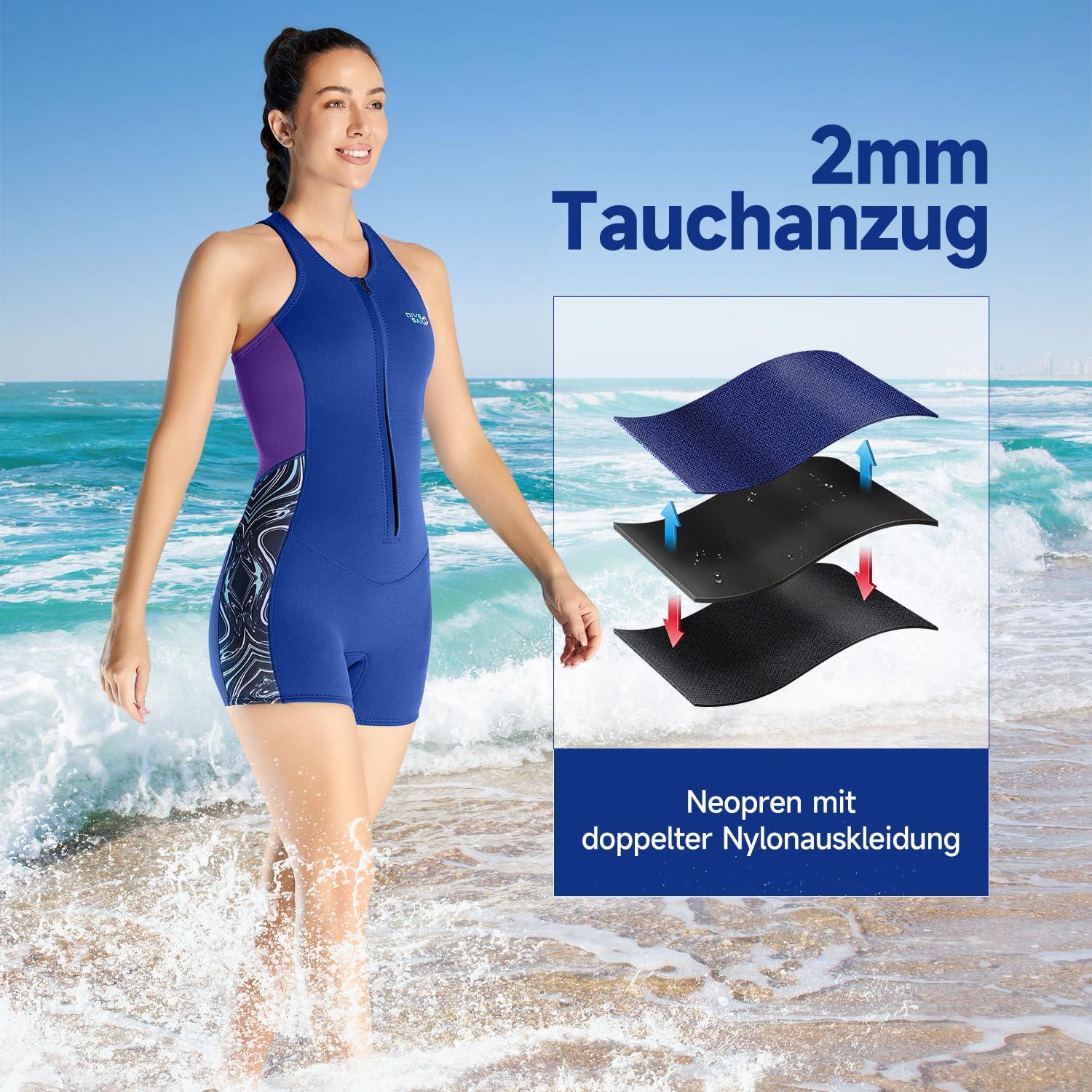 Kombinezon z neoprenu 2 mm, damski, krótki kombinezon z zamkiem błyskawicznym z przodu, do nurkowania, surfowania, streczu, neoprenu, do pływania, nurkowania, snorkelingu
