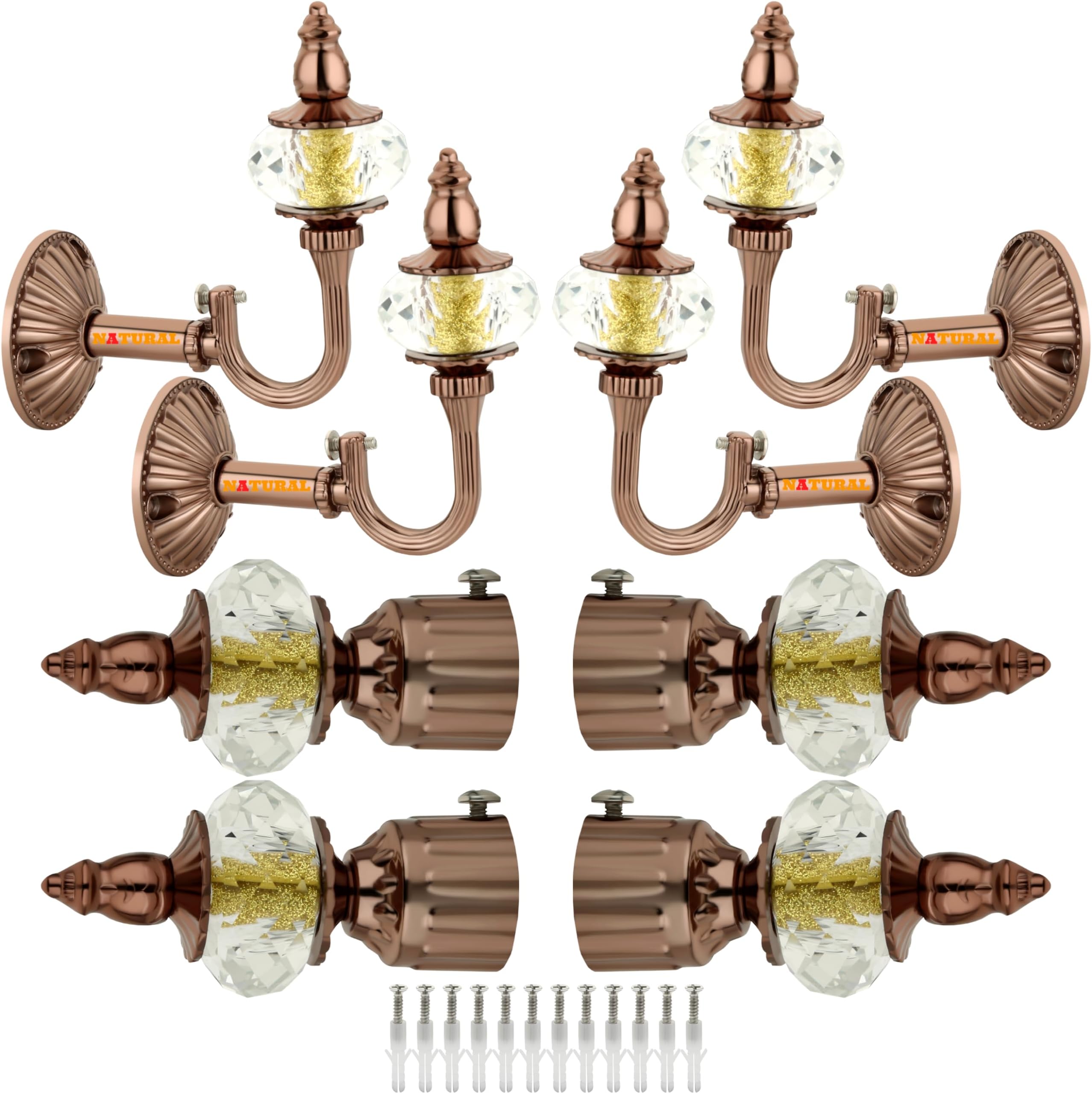 NATURAL Heavy Duty Aluminum Royal Luxury Design Curtain Bracket/Finial and Curtain Support with Screw/Wallplug for Window & Door Curtain Fittings Suitable Upto 1 Inch Pipe. (4 Set, Rose Gold)