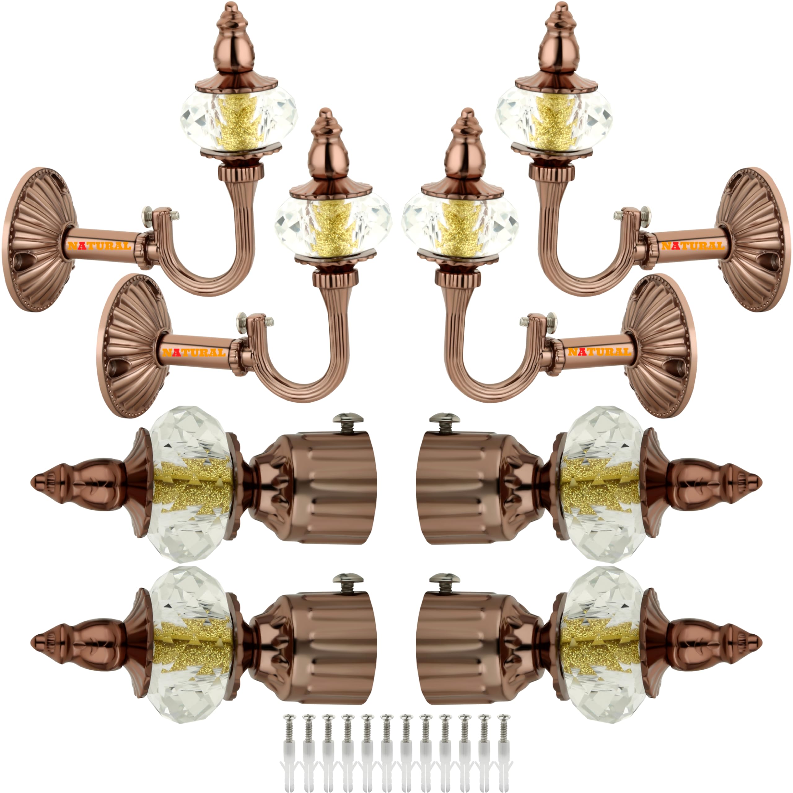 NATURAL Heavy Duty Aluminum Royal Luxury Design Curtain Bracket/Finial and Curtain Support with Screw/Wallplug for Window & Door Curtain Fittings Suitable Upto 1 Inch Pipe. (4 Set, Rose Gold)