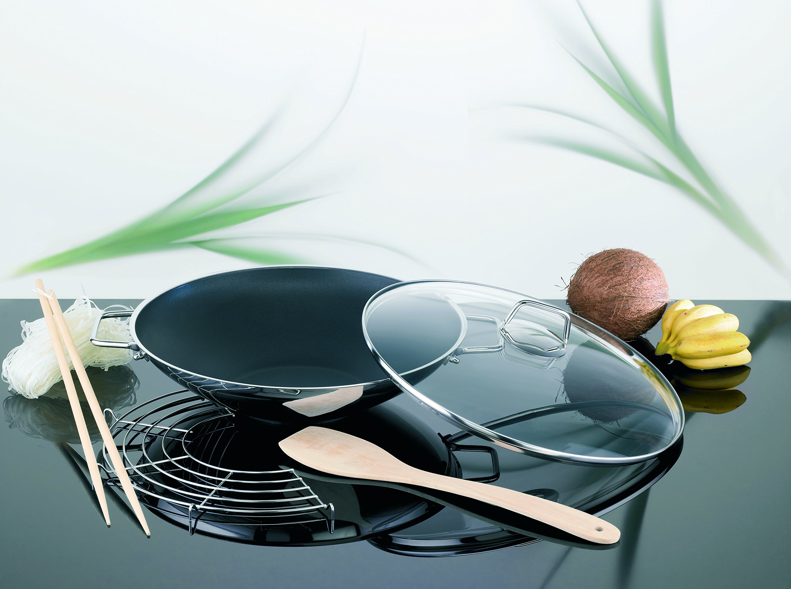 Schulte-Ufer 66520-34 Wok Wega beschichtet, inkl. Zubehör, 34 cm, 4,50 l, Antihaft, Schwarz
