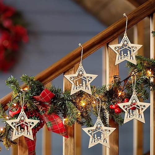 Miniatura 6 de Blulu Juego de 8 adornos navideños para decoración de belén en 3D, adorno colgante de madera cristiana para árbol de Navidad, adorno religioso de la
