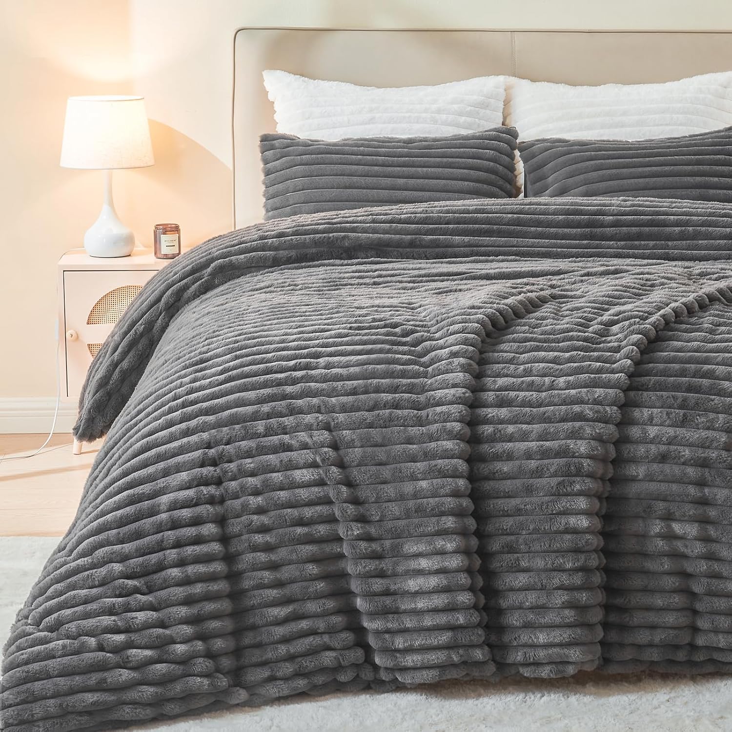 EMME Faux Fur Duvet Cover Queen Size, 3 Pieces Ultra Soft Fluffy Comforter Cover, Cozy Warm for Winter, Luxury Elegant Shaggy Striped Design Bedding, 1 Duvet Cover & 2 Pillow Shams (Queen, Dark Grey) 15-dark Grey-striped Full/Queen
