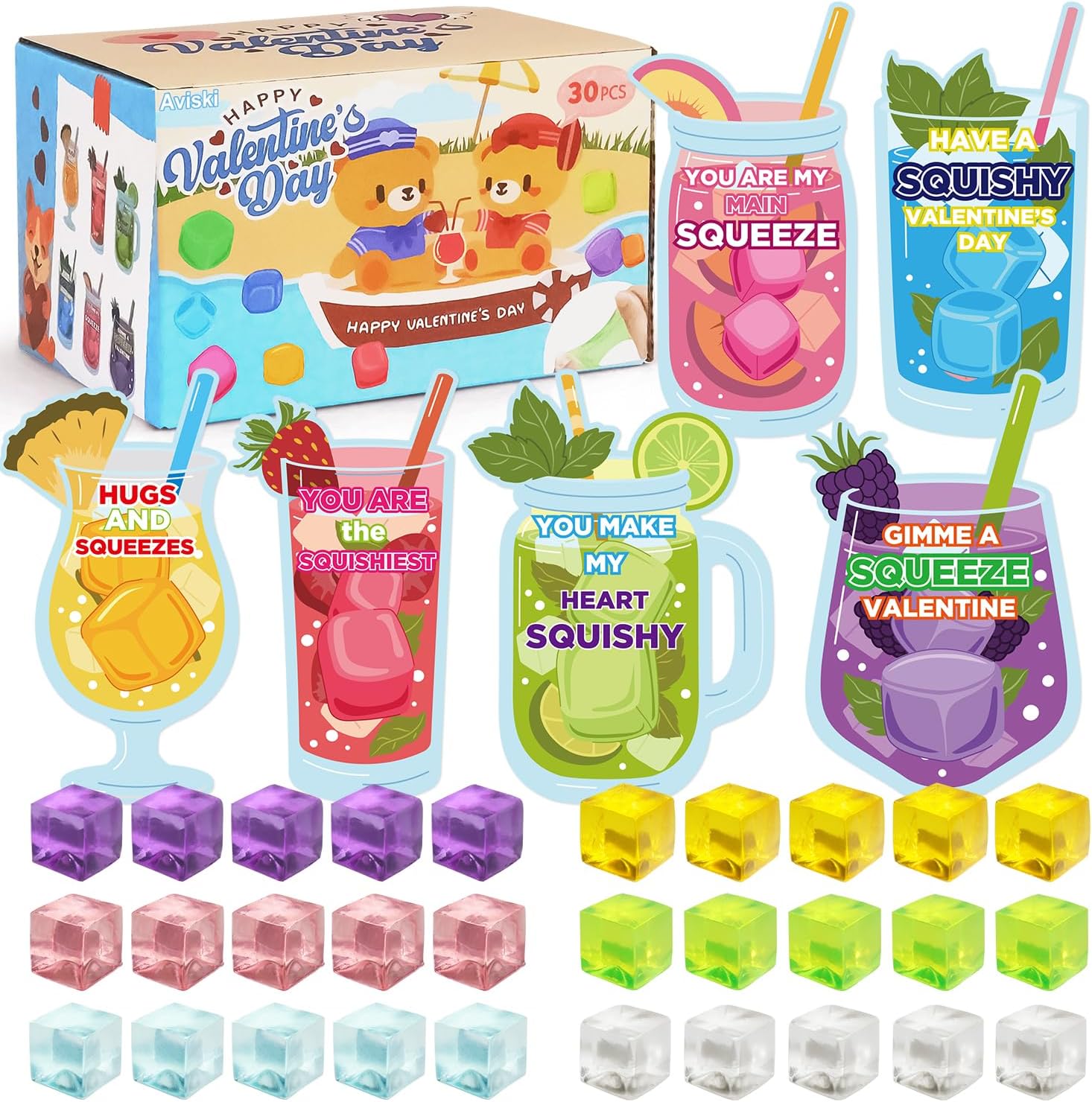 Aviski 30 PACK Valentine's Day Greeting Cards With Ice Cube Stress Ball Stretchy, Exchange Cards for School Class Exchange Gifts, Classroom Prizes, Squishy Party Favors