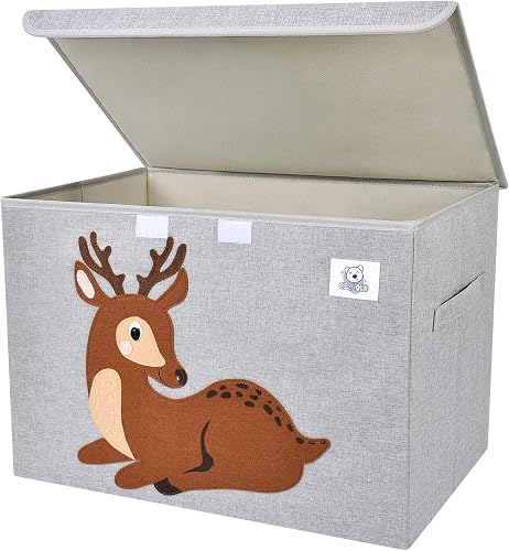 Foldable Large Kids Toy Chest with Flip-Top Lid, Collapsible Fabric Animal Toy Storage Organizer/Bin/Box/Basket/Trunk for Toddler, Children and Baby Nursery (Deer)