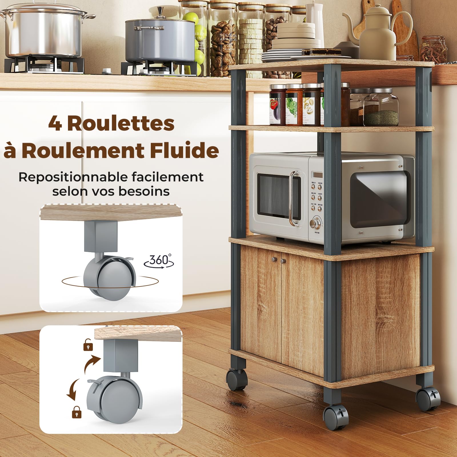 GIANTEX Chariot à roulettes Micro-Onde, Desserte de Cuisine à Micro-Onde avec 4 Roues et 2 Freins, Étagère de Rangement à 3 Niveaux et Placard Portes, 60 x 40 x 98 cm (Chêne)