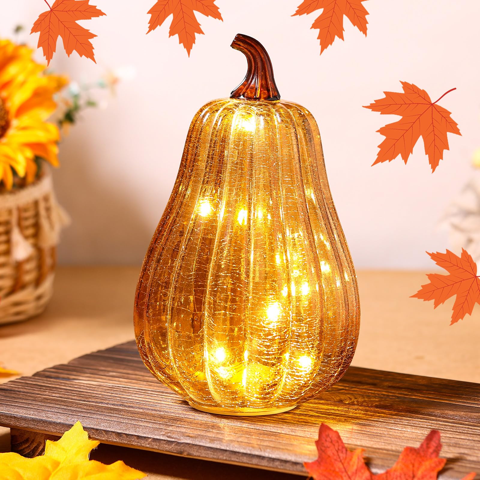 Glooglitter Mercury Glass Pumpkin Light LED Fall Lamp, Gourd, Gold, Middle