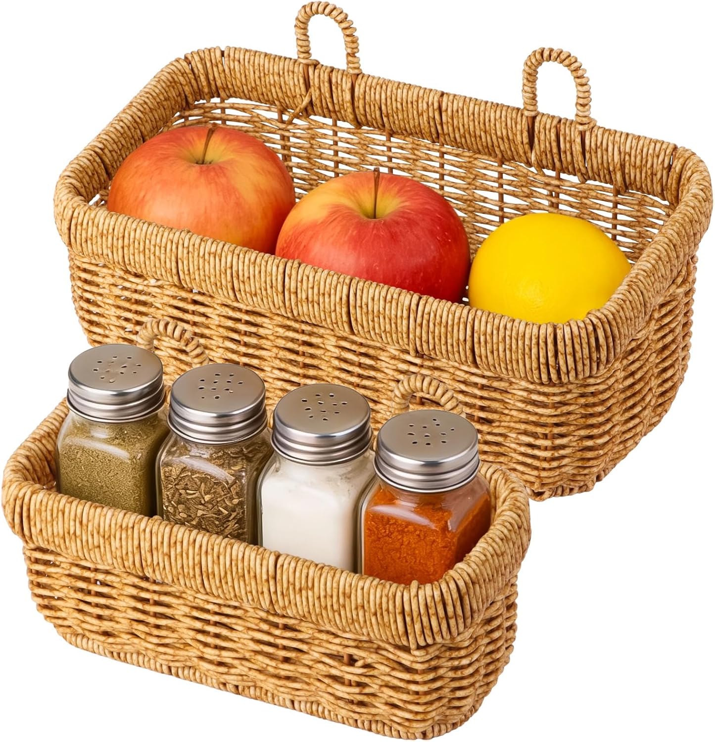 2-Piece Woven Plastic Hanging Baskets for Kitchen, Wall-Mount with Faux Rattan, Adhesive Hooks Included