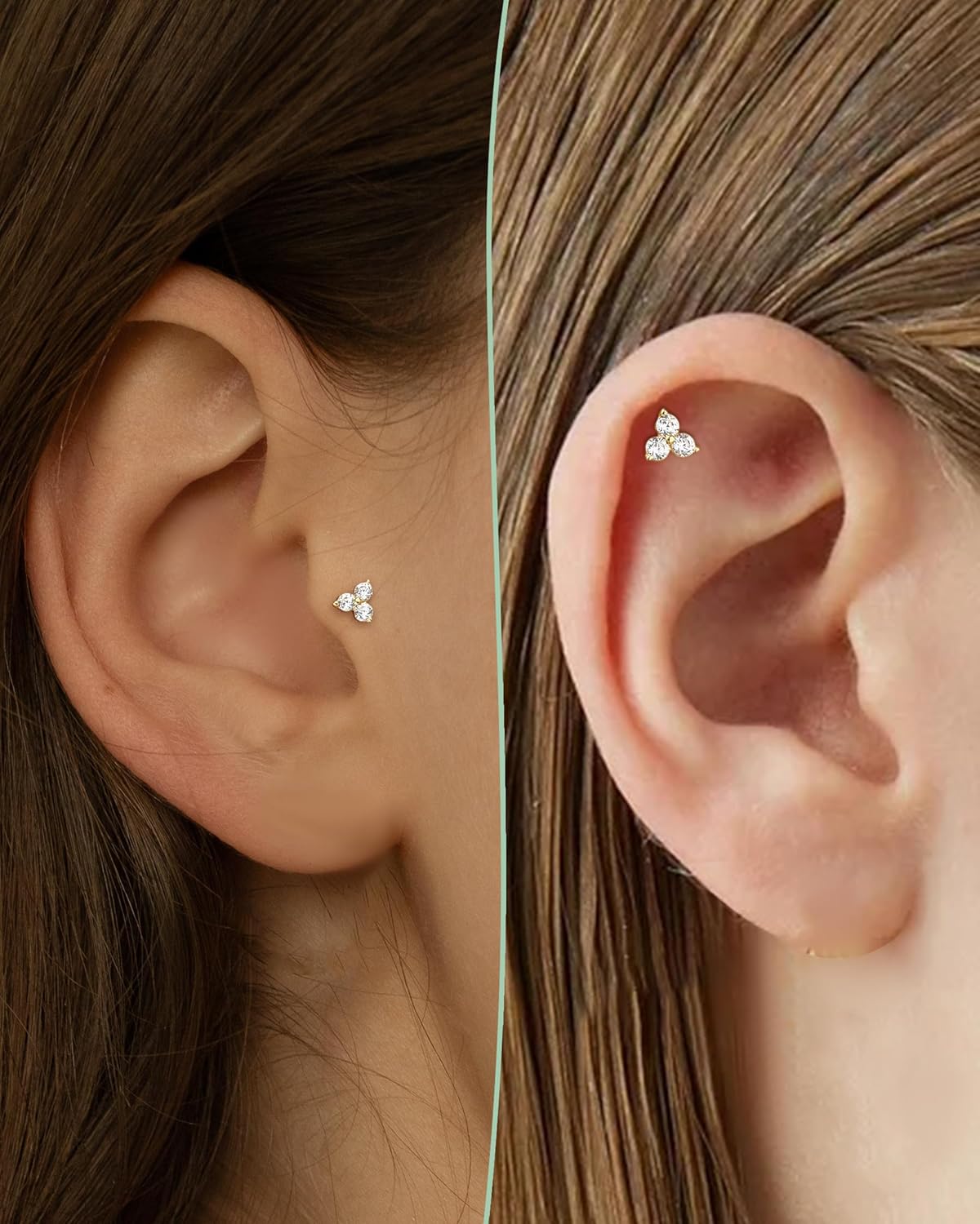 COCHARM 14K Real Gold Helix Cartilage Conch Earring Stud 16g Flat Back Triple CZ Cartilage Helix Tragus Piercing Jewelry 14K Solid Gold Labret Stud Internally Threaded Labret Piercing 14kt - Image 2