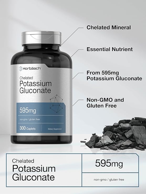 Horbaach Chelated Potassium Gluconate Supplement | 595 mg | 300 Caplets