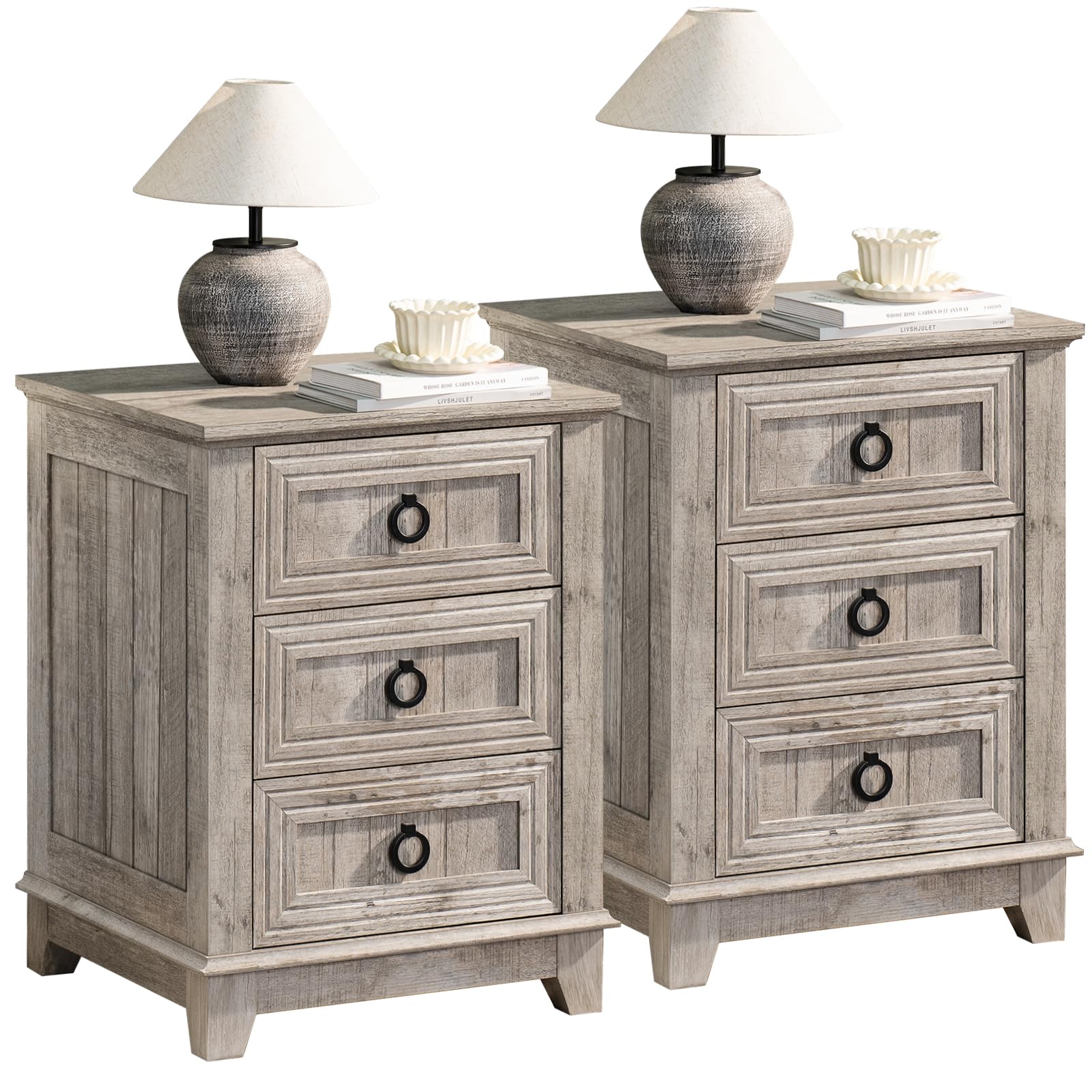 Joaxswe Farmhouse Night Stand Set of 2, 18" End Table with 3 Drawer Metal Handle, Dresser for Bedroom, Sofa Bed Side Table Chest of Drawers,Wood